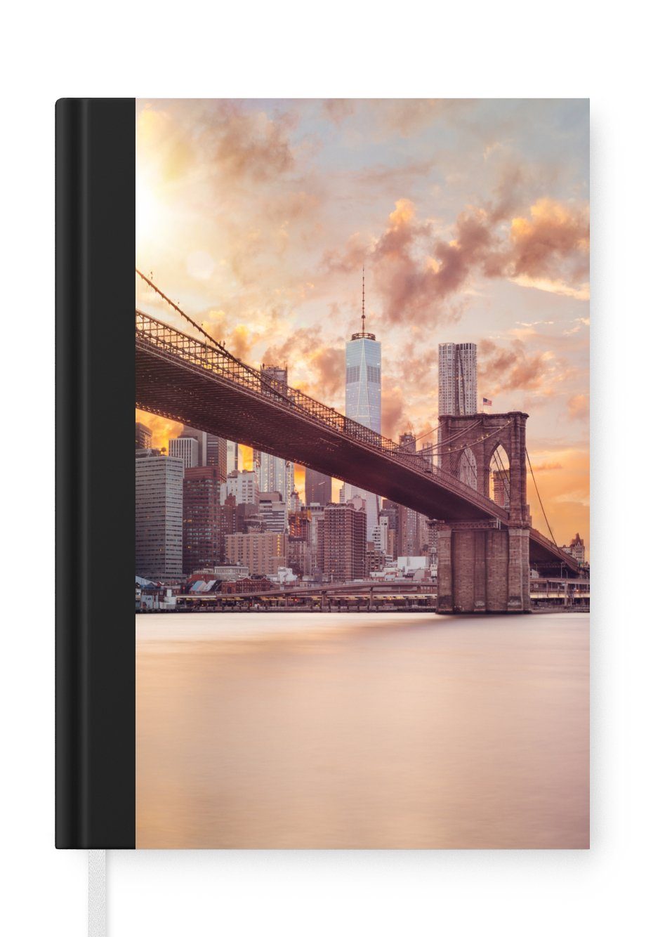 MuchoWow Notizbuch Brooklyn Bridge und die New Yorker Skyline bei Sonnenuntergang, Journal, Merkzettel, Tagebuch, Notizheft, A5, 98 Seiten, Haushaltsbuch