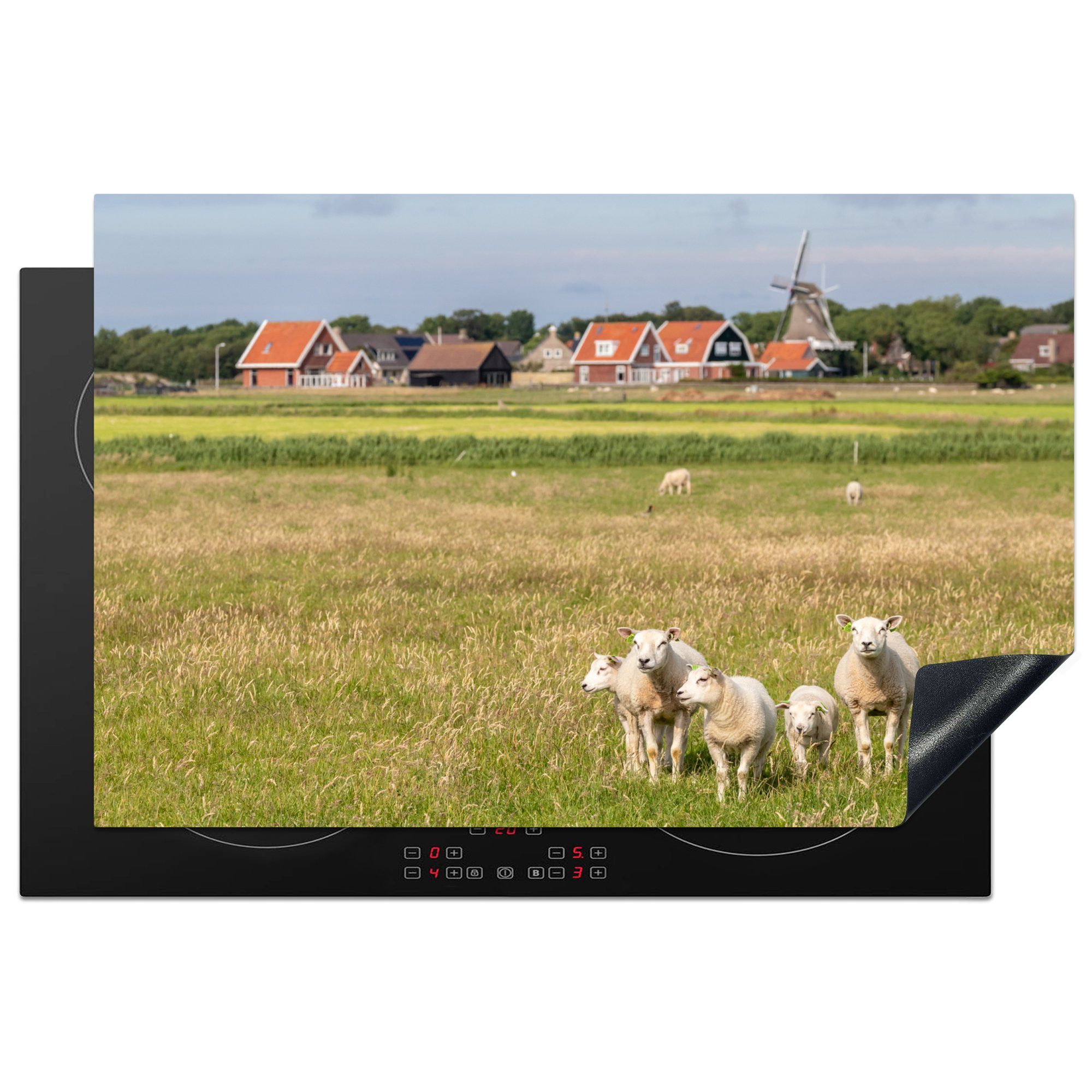 MuchoWow Herdblende-/Abdeckplatte Schafe und eine Mühle auf Ameland, Vinyl, (1 tlg), 81x52 cm, Induktionskochfeld Schutz für die küche, Ceranfeldabdeckung