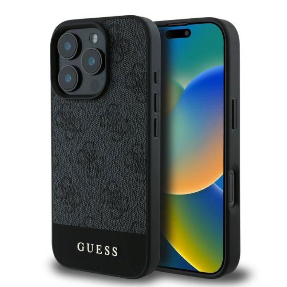 Guess Handyhülle iPhone 16 Pro Max Kunstleder grau Muster mit goldfarbigen Logo