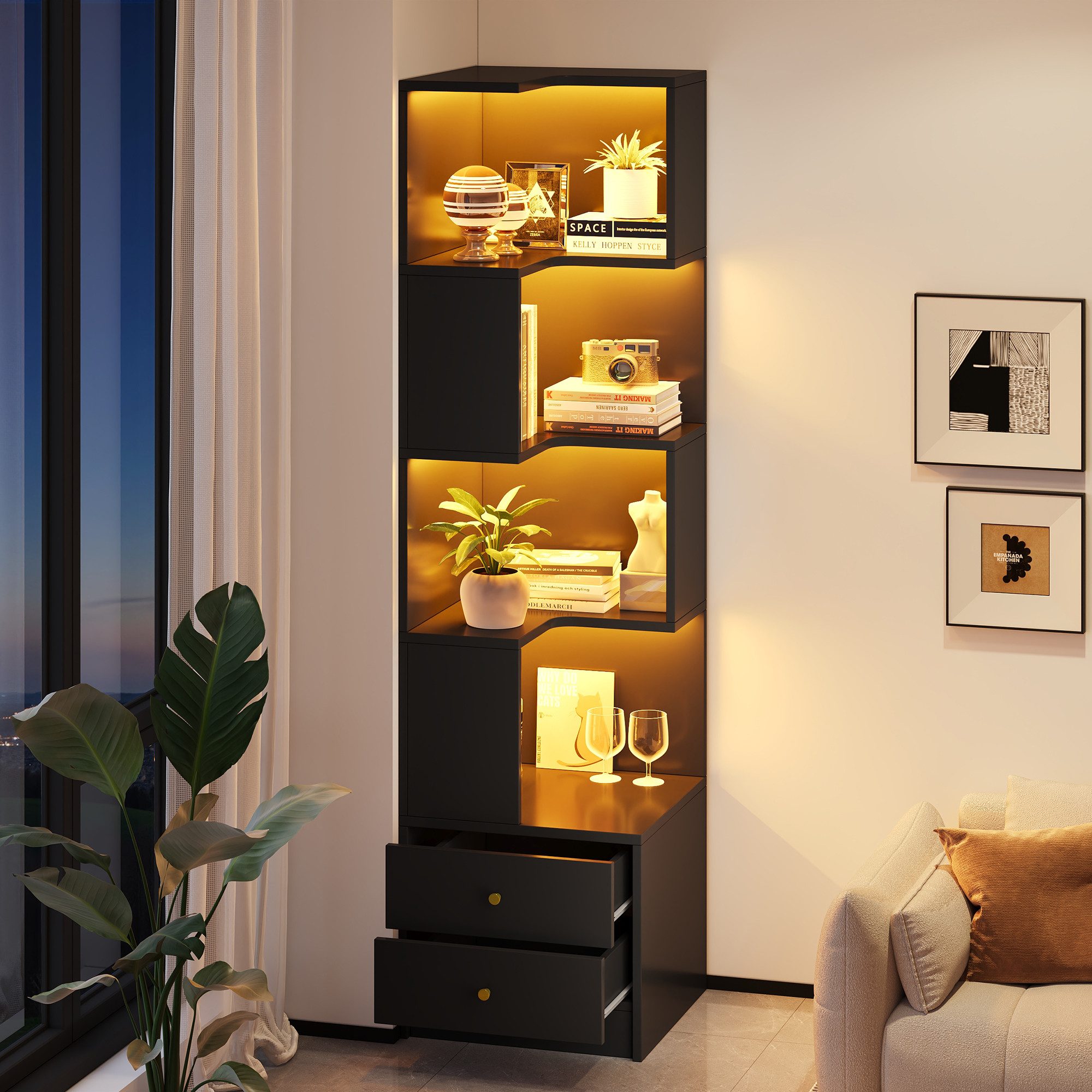 Flieks Bücherregal Standregal Eckregal mit LED-Beleuchtung und 6 Ebenen/5 Ebenen, B63,5/T45/H180 cm 1-tlg., Eckbücherregal mit 4 Fächer&2 Schubladen L-förmig Ho – Bild 4 von 5