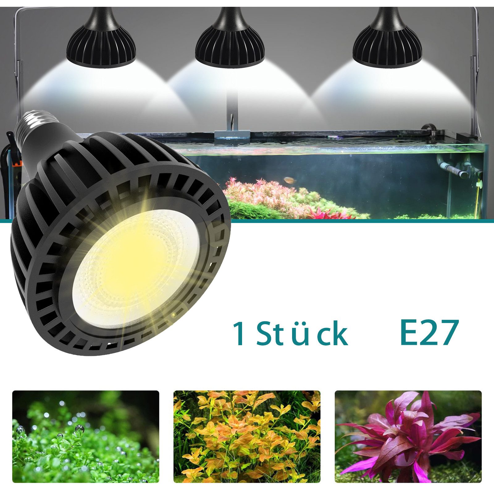 MUPOO LED Aquariumleuchte Led Aquarium Beleuchtung E27 Glühbirne 3000 K/6000 K, COB-LED, Warmweiß-30W, LED fest integriert, optional verstellbares Stativ(40 cm - 160 cm)