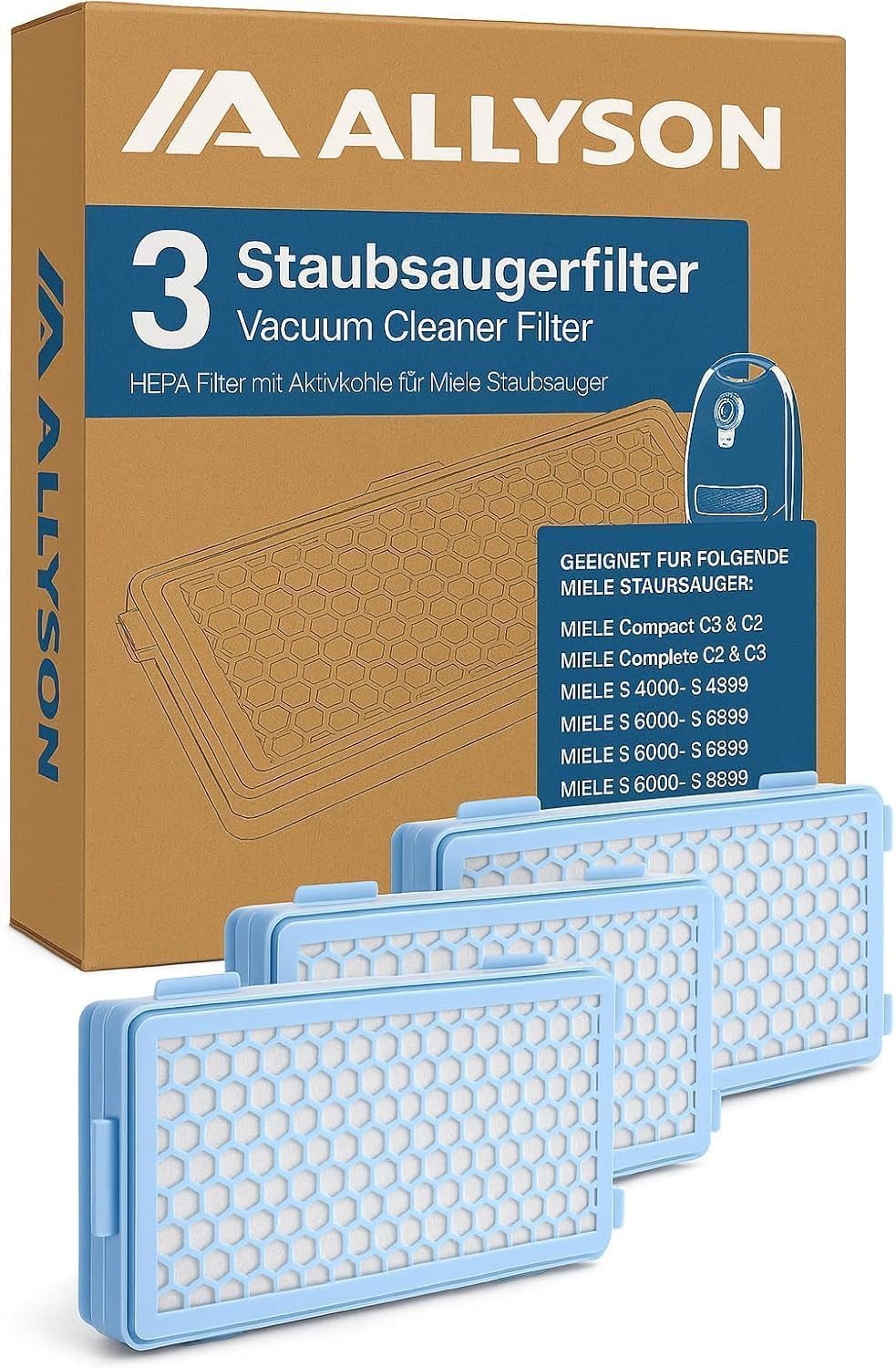 Allyson HEPA-Filter Miele Staubsaugerfilter, HEPA-Filter Set Für Miele, Zubehör für Compact C1-C2, Complete C2-C3, Serie S8340, S4000-S4999, S5000-S5999, S6000-S6999, S8000-S8999, Besonders Leichte Montage
