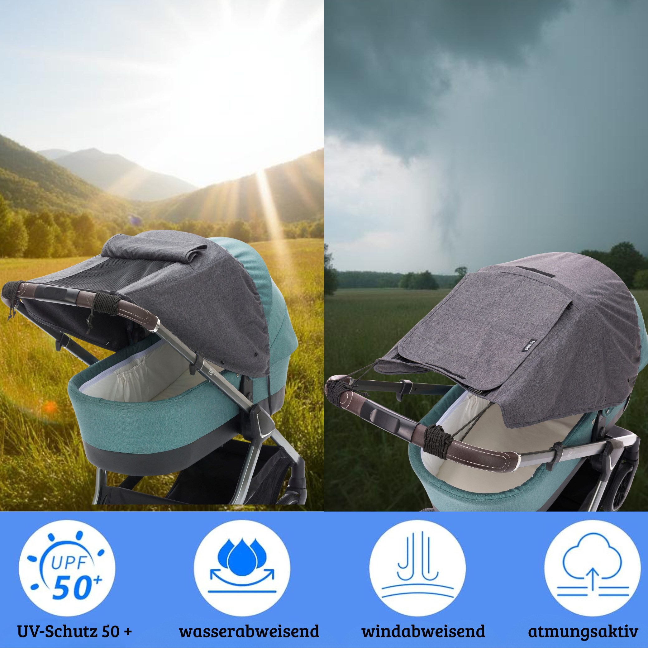 Fillikid Kinderwagen-Sonnenschutzhülle Sonnenschutz Deluxe für Buggy und Sportwagen Exclusiv, mit UV Schutz 50+, Wasserdicht, abnehmbar Sonnensegel mit