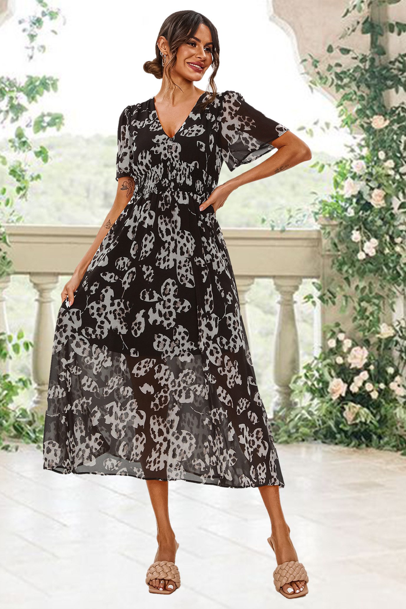FS Collection Sommerkleid Damen Midikleid Sommerkleid Freizeitkleid V-Ausschnitt Geraffte Taille, fließender Stoff, femininer Schnitt