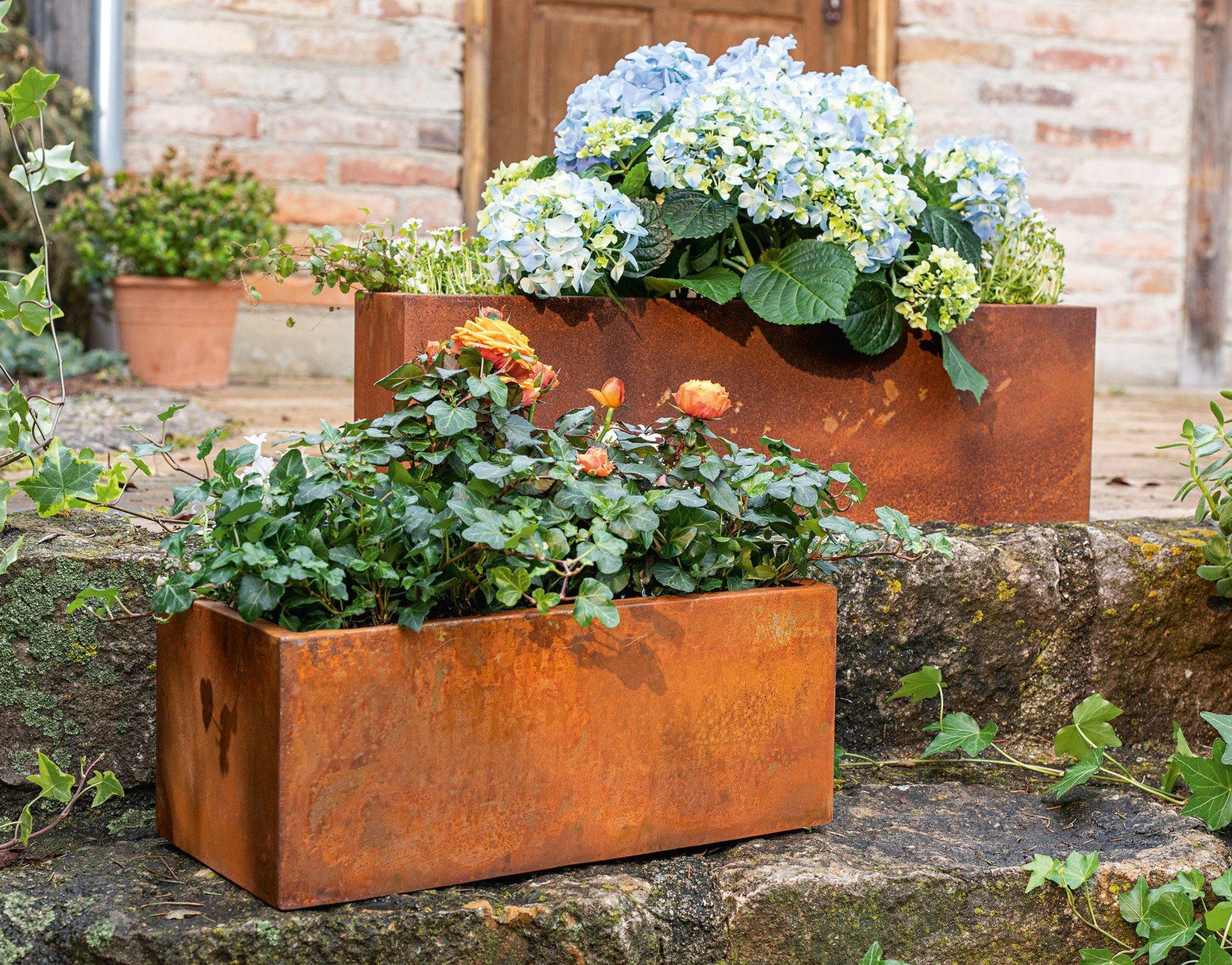 Dekoleidenschaft Blumenkasten aus Metall im Rost-Design, Pflanzkästen im (2  St., 2er Set), moderne Pflanzgefäße, Gartendeko