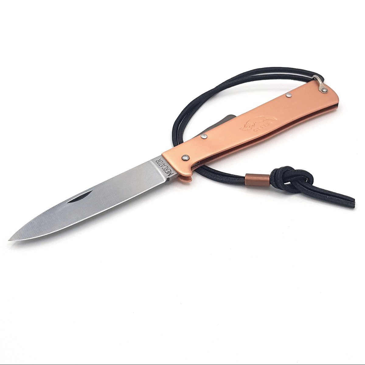 Messer Taschenmesser Kupfer Klinge Lederband, Backlock groß Carbonstahl, mit Mercator-Messer Otter