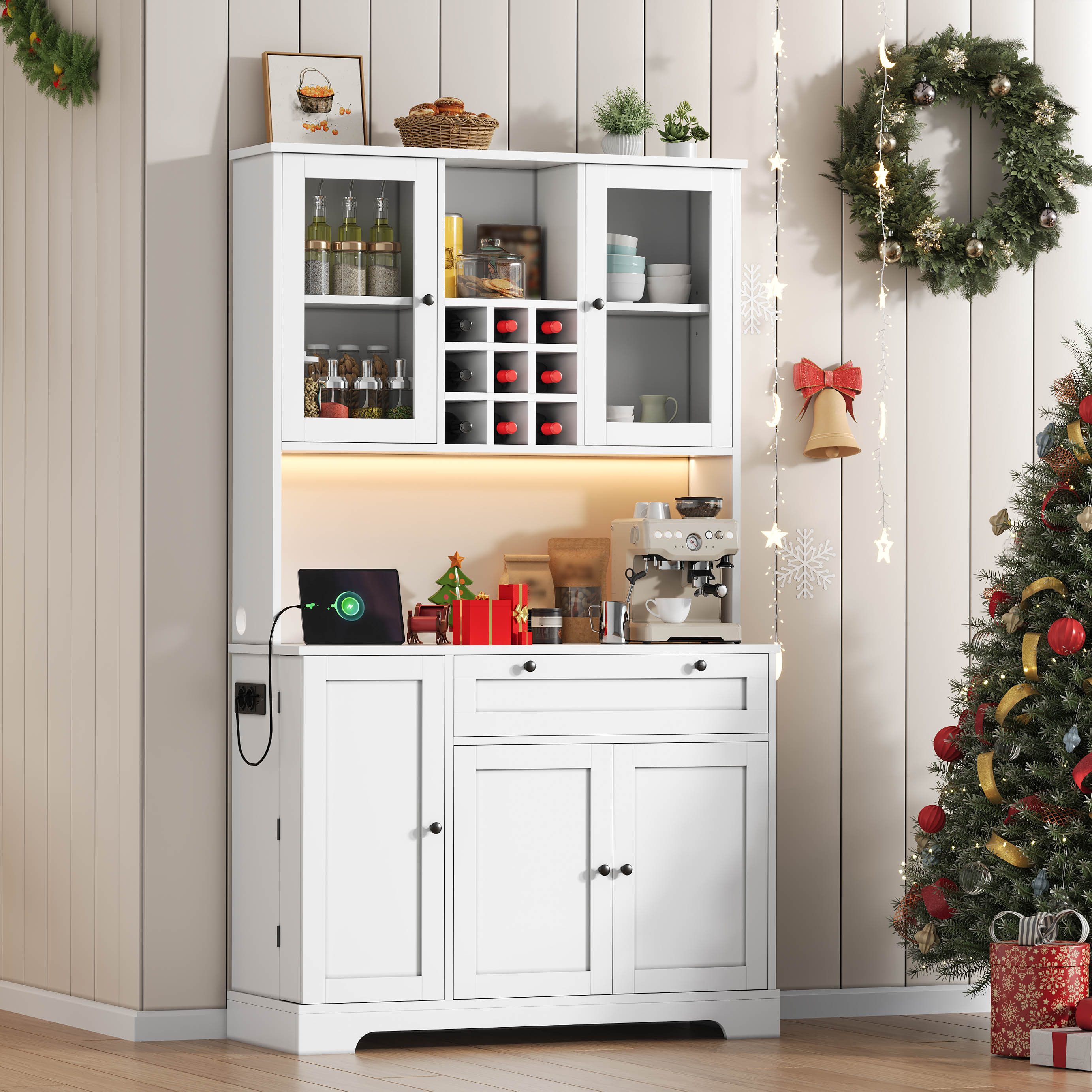 Flieks Küchenbuffet mit Steckdose, LED-Beleuchtung, Weinregal, Glastüren und Türablagen (1-St., 105x40x180 cm) Hochschrank Küchenschrank Geschirrschrank mit verstellbare Ablagen