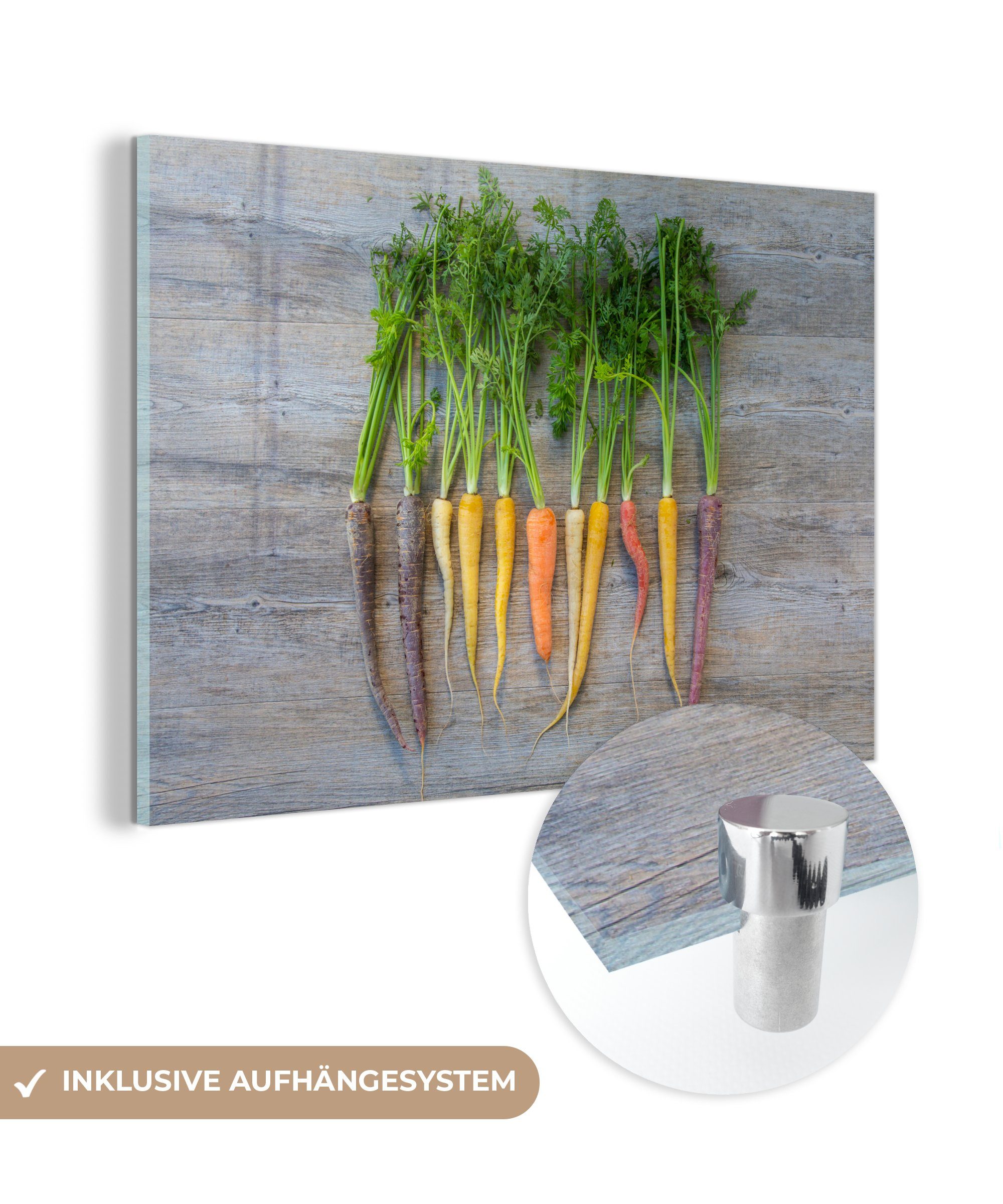 MuchoWow Acrylglasbild Bunte Karotten auf einem hölzernen Hintergrund, (1 St), Acrylglasbilder Wohnzimmer & Schlafzimmer