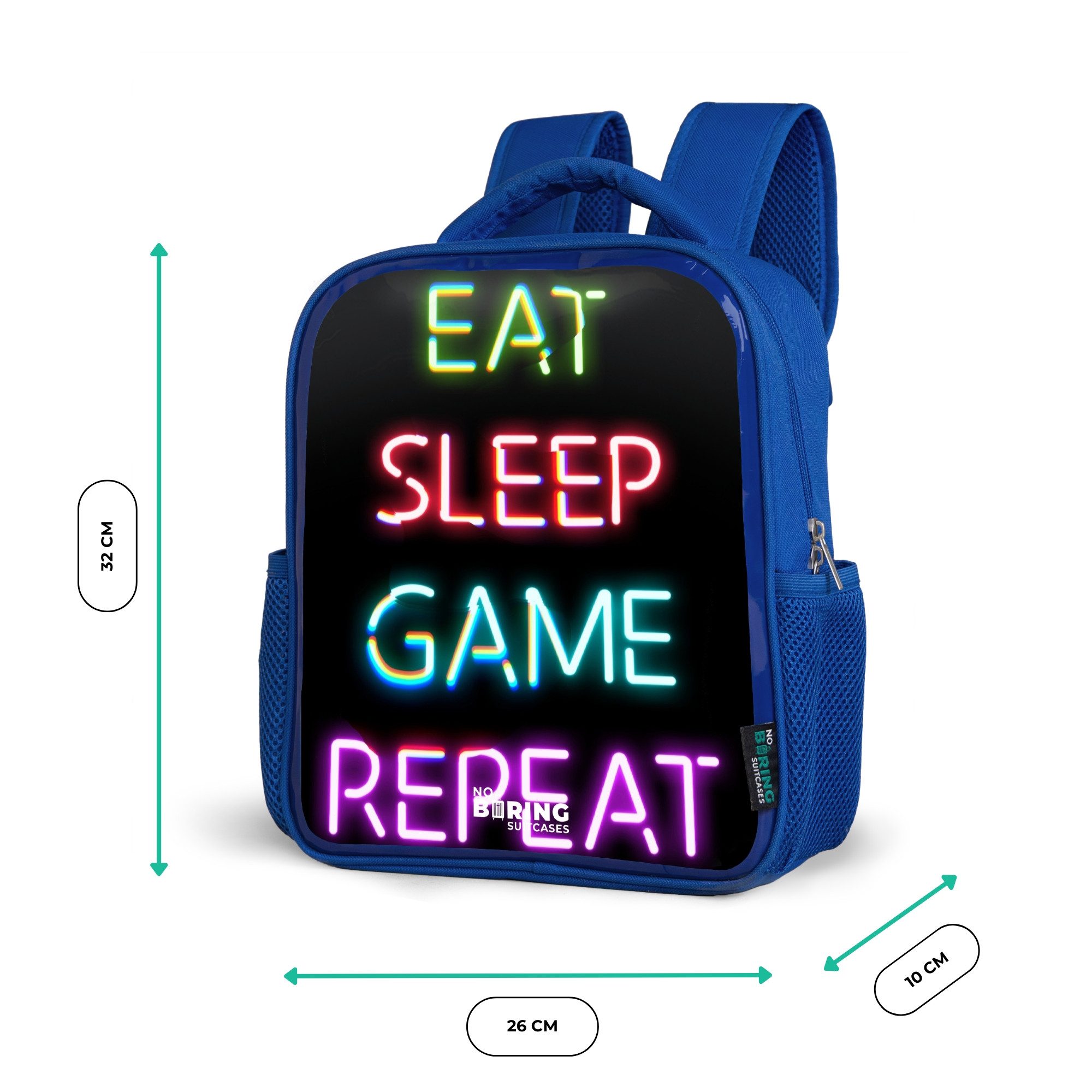 NoBoringSuitcases.com© Rucksack Blau - Qoute mit Neonröhren, Kinderrucksack, Schulrucksack, Freizeitrucksack, Jungen, Kindergarten