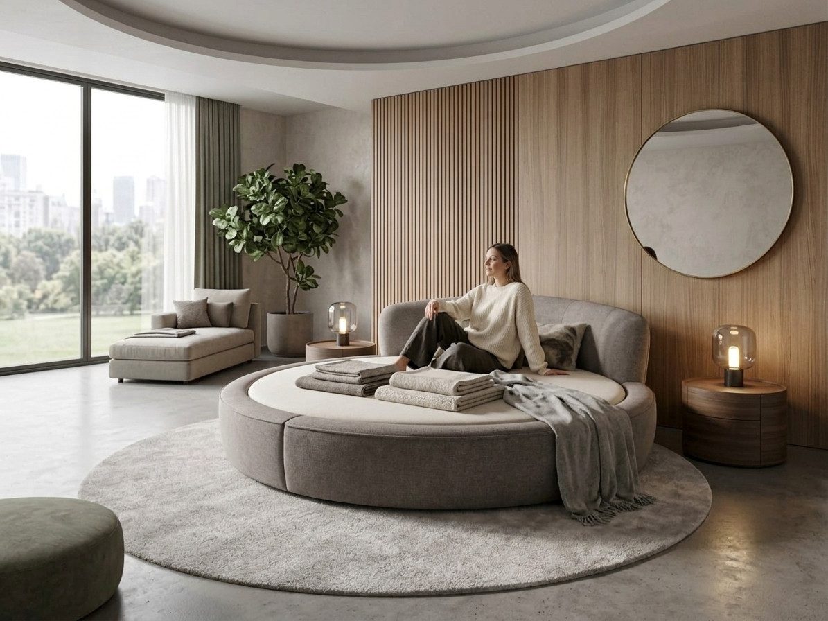 Xlmoebel Polsterbett Luxus Rundbett Elegant Lounge Bett Gemütlich Premium Sofort (1-tlg., Exklusive Dekoration), Rundbett mit elegant geschwungenem Kopfteil für Hotel-Komfort zu Hause