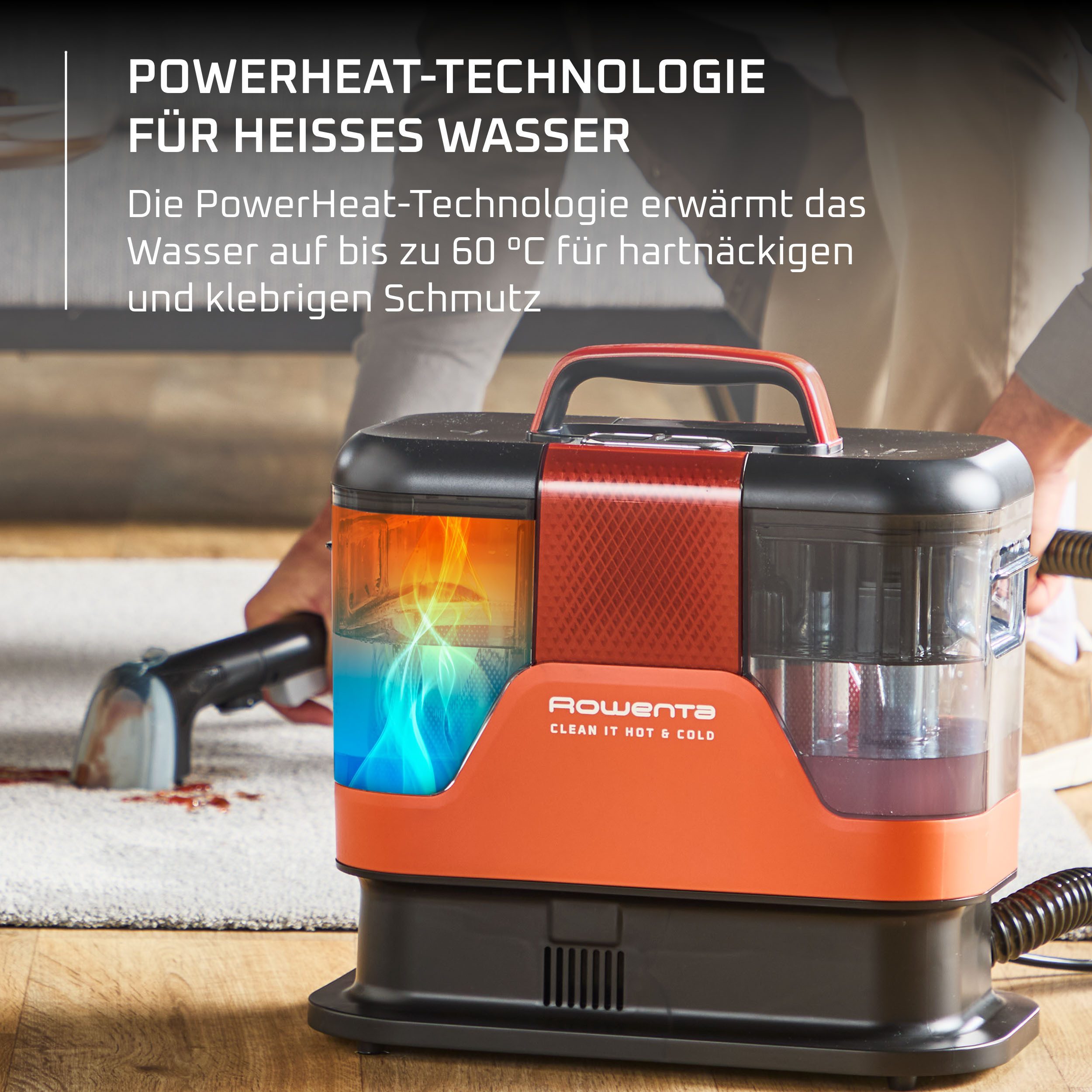 Rowenta Teppichreinigungsgerät Fleckenentferner IN7011 Clean It Hot & Cold, 1150 W, beutellos, PowerHeat 60 °C, 2,3 l/1,5 l Tanks, Auto‑Clean, rotierende ActivB – Bild 4 von 5