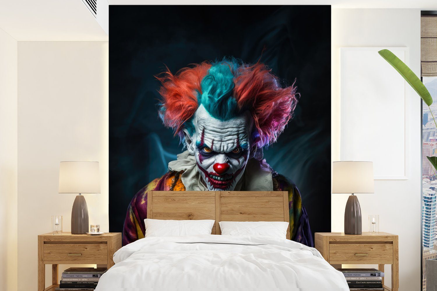 MuchoWow Fototapete Clown - Make-up - Kostüm - Porträt - Horror, Matt, bedruckt, (4 St), Montagefertig Vinyl Tapete für Wohnzimmer, Wandtapete | Fototapeten