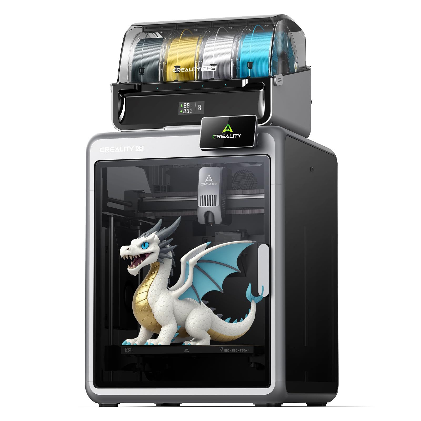 Creality 3D 3D-Drucker K2 Combo mehrfarbig 3D-Drucker mit CFS, 16-Farben-Druck, 600 mm/s, 45 dB, KI-Kamera, Carbonfaser-Kompatibel