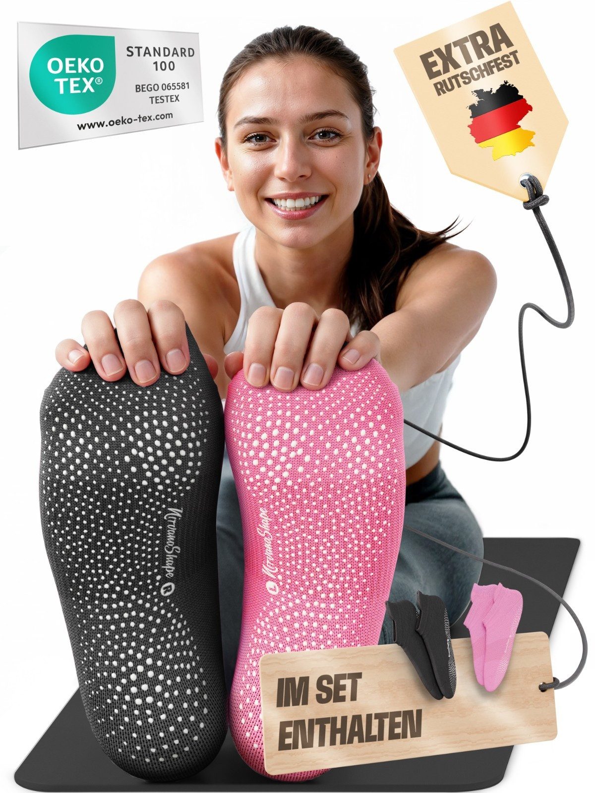 NirvanaShape Sportsocken NirvanaShape Yogasocken Damen 36-44 – Rutschfeste Pilates Socken (2-Paar)