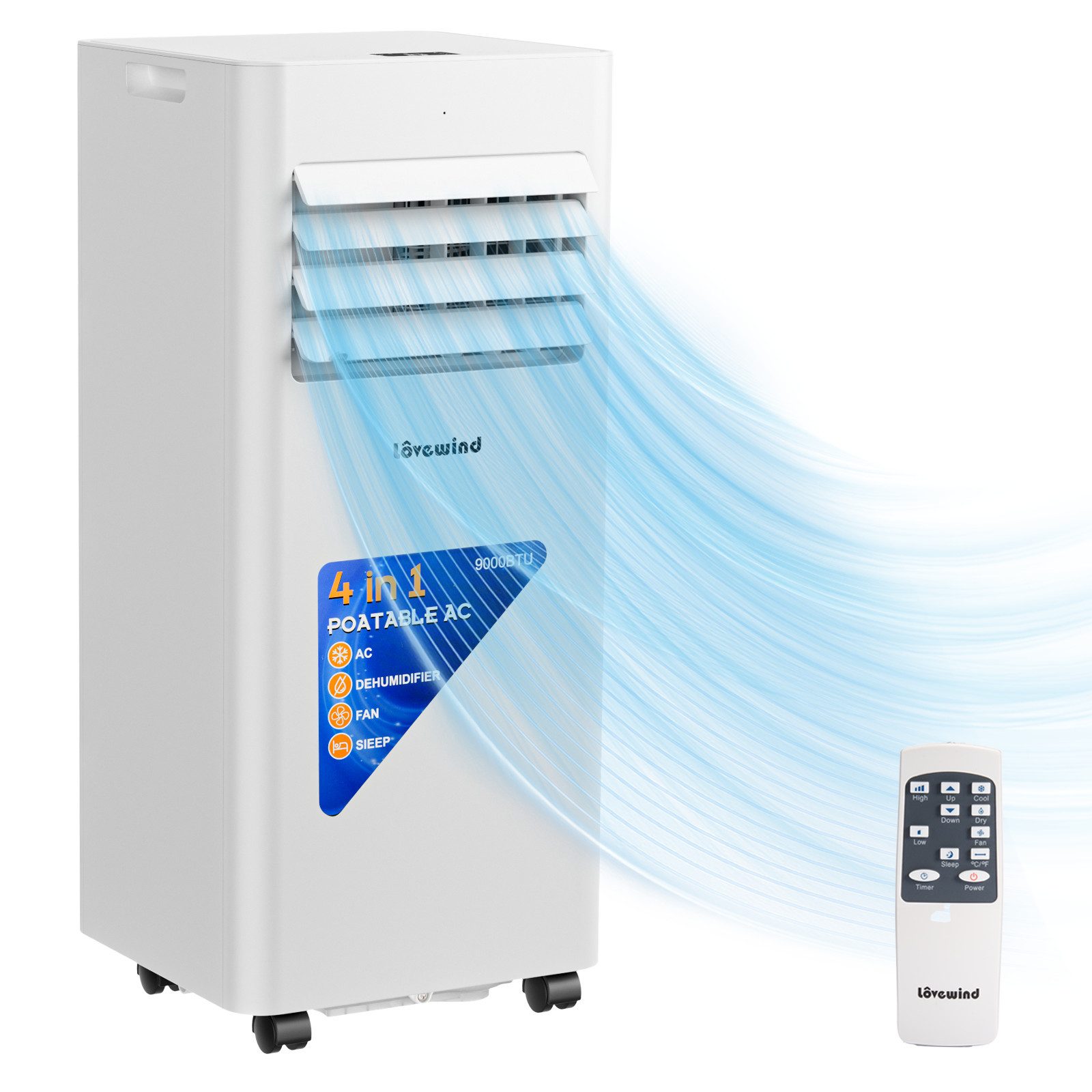 Lovewind 4-in-1-Klimagerät für Innenräume, Mobile Klimaanlage mit Fernbedienung, 9000 BTU, Umweltfreundlich (R290), Leiser Nachtmodus, integrierte Luftfilterung