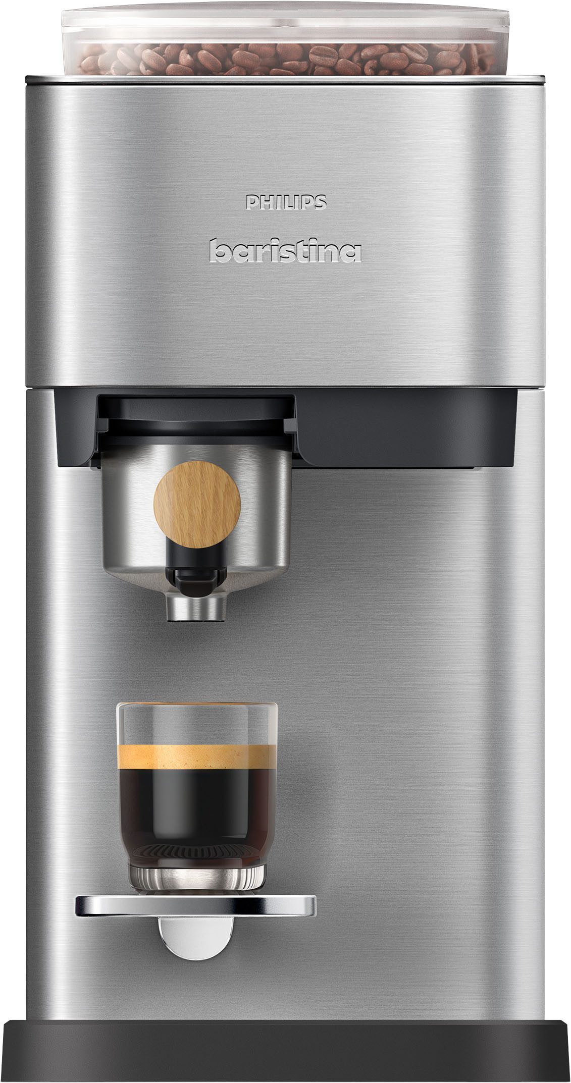 PHILIPS baristina Espressomaschine Plus in Edelstahl BAR500/00 mit Mahlwerk für ganze Bohnen, Iced Coffee Funktion, 16 bar Pumpendruck, Edelstahl/Eschenholz