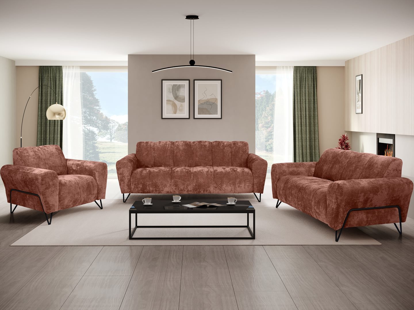 Beautysofa Polstergarnitur VOLARE Modernes Sofa Set mit 3-Sitzer, 2-Sitzer & Sessel, (hochwertige Couchgarnitur für Wohnzimmer & Salon, Design Polstermöbel im modernen Stil), schwarze Metallbeine