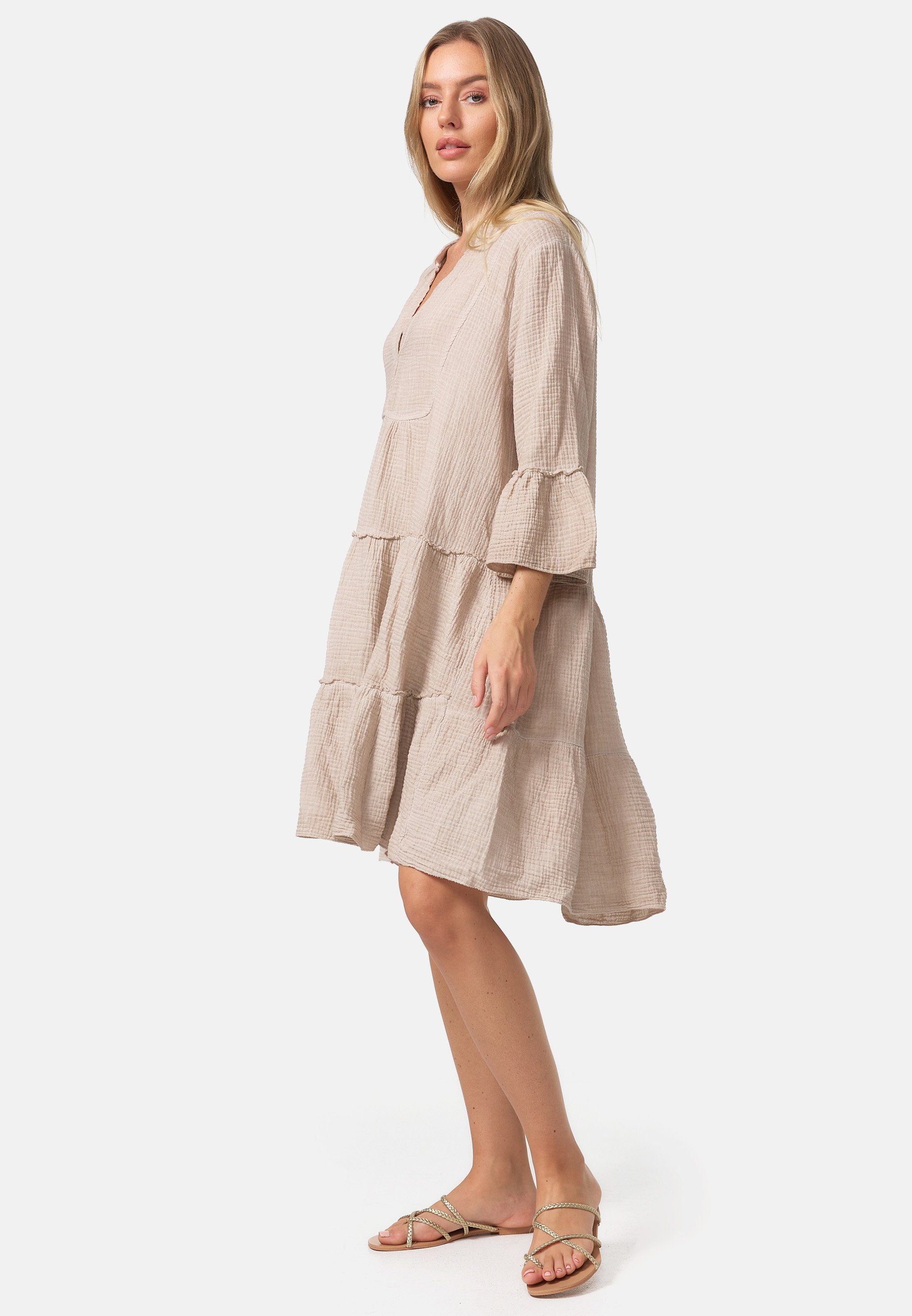Rayshyne Sommerkleid PM39 (Leichtes Sommer Minikleid aus Musselin mit Rüschen) Musselin, Baumwolle, Rüschen, 3/4 Ärmel, Oversize – Bild 4 von 5