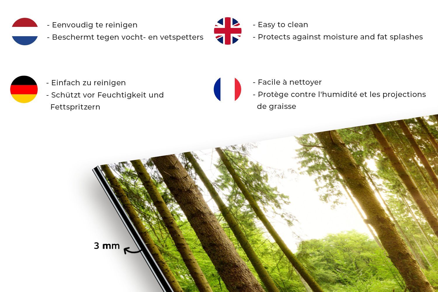 MuchoWow Küchen Wald Küchenrückwand Bäume, (1-tlg), Sonnenlicht und 60x30 Fett - cm, Grün Wandschutz, - Schmutzflecken für - gegen