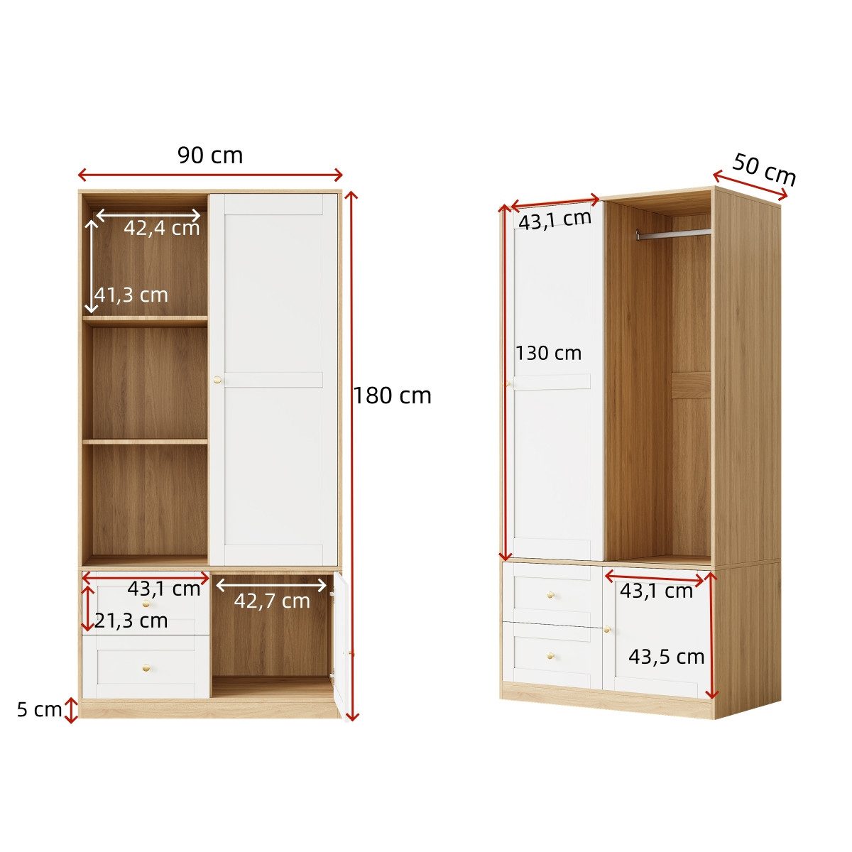 Ulife Babyzimmer-Komplettset Babymöbel, Kleiderschrank mit Schiebetüren, (1-tlg., Kleiderschrank), Schiebetürenschrank mit 2 Schubladen, Weiß‑Holzoptik, 90 × 50 × 180 cm