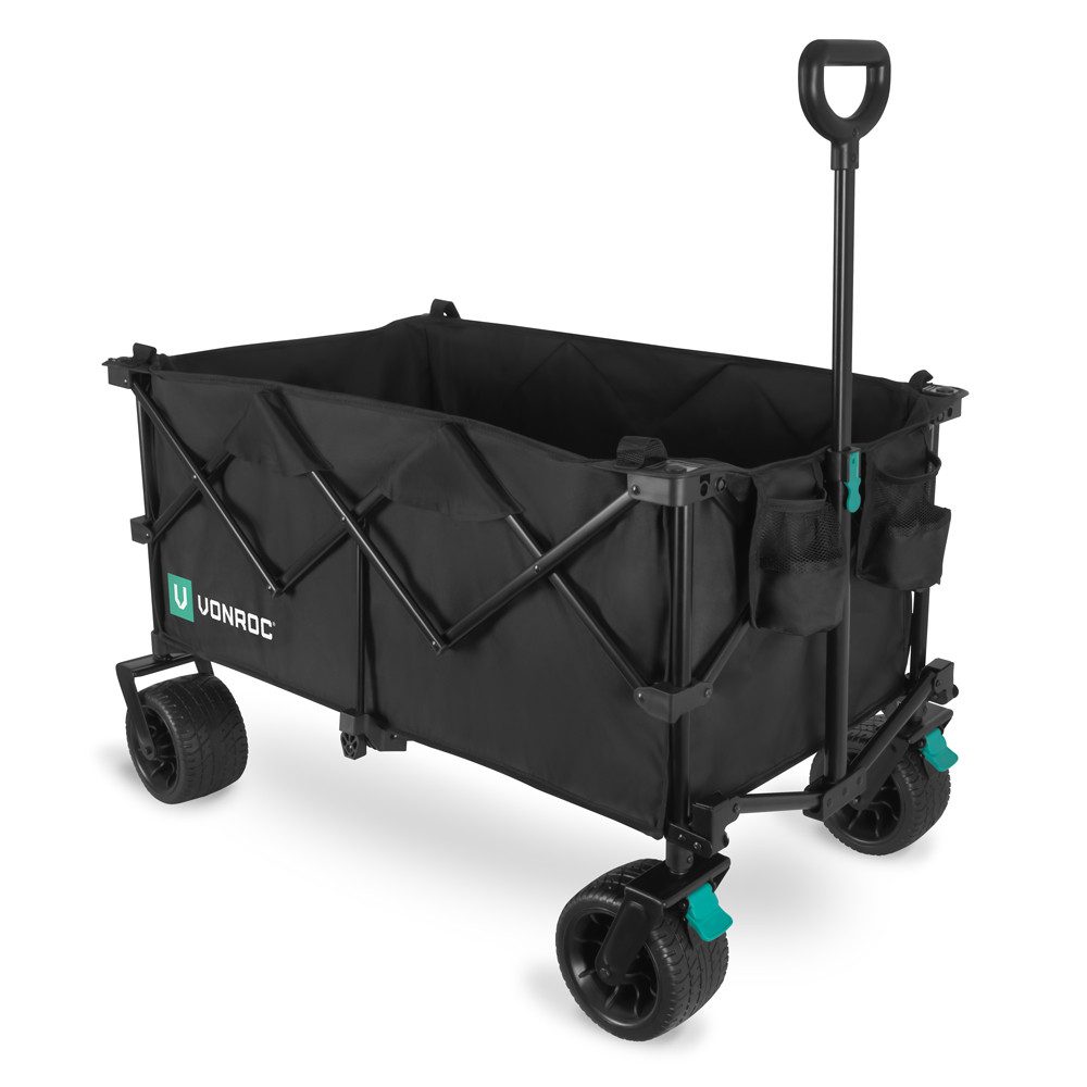 VONROC Bollerwagen,Klappbarer Handwagen (Faltbar - 80 kg Tragfähigkeit - Massive, – 200 l Fassungsvermögen - Extra geräumiges Modell), Anti-Leckrollen - Stabiles Stahlgestell – Polyester 600D - Schwarz