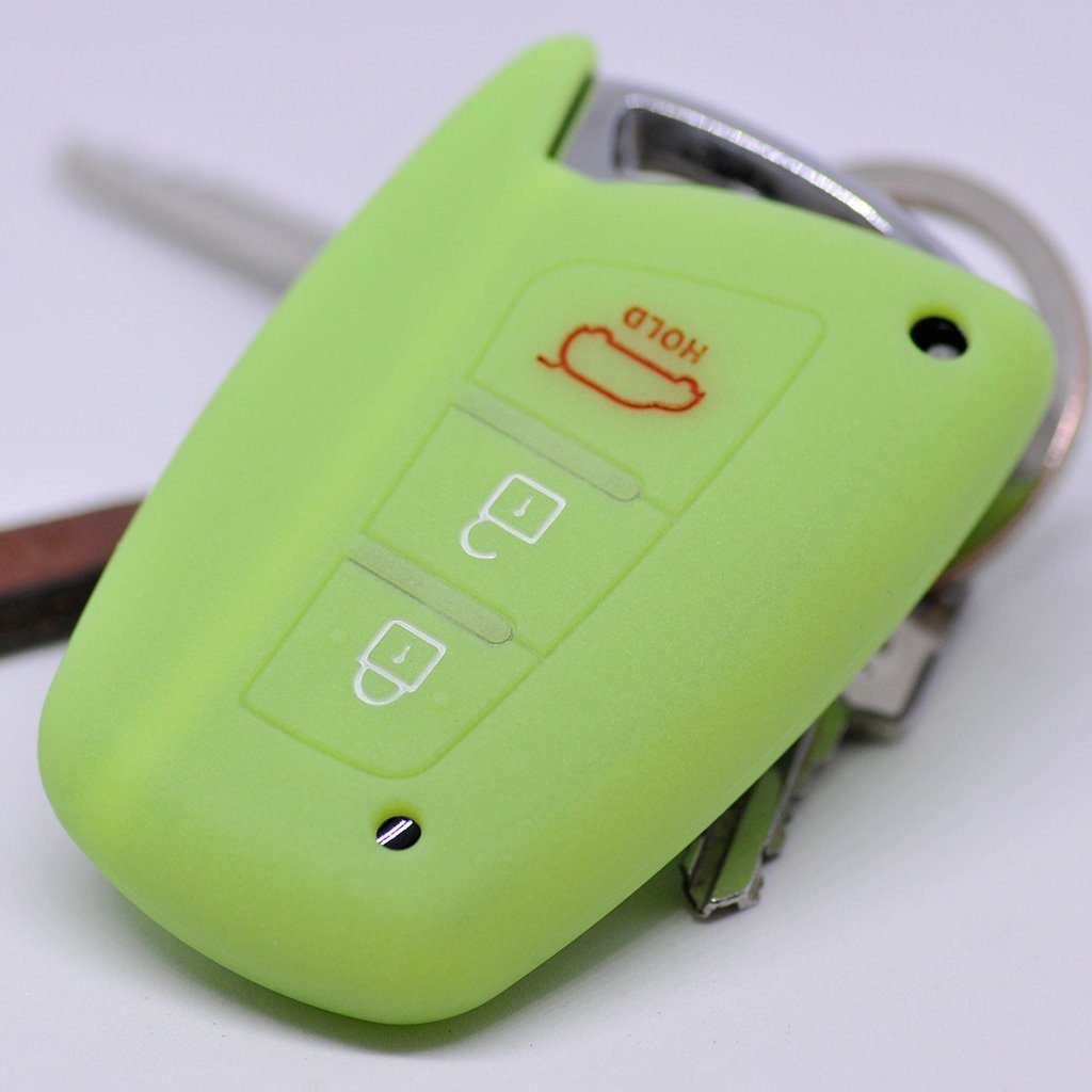 mt-key Schlüsseltasche Autoschlüssel Softcase Silikon Schutzhülle fluoreszierend Grün, für Hyundai Genesis Equus ix45 Grandeur Santa Fe Azera 3 Knopf KEYLESS
