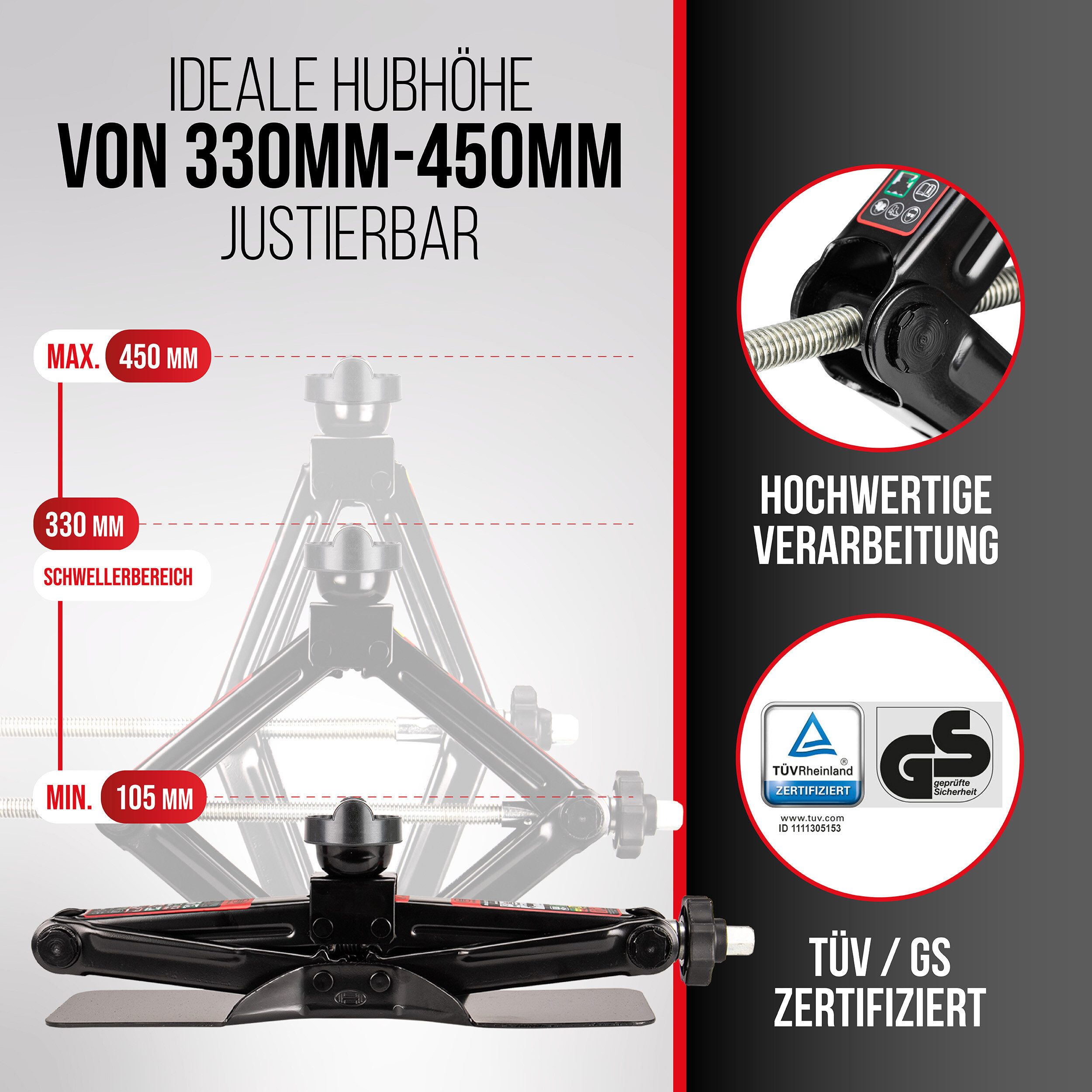 HEYNER Wagenheber Scherenwagenheber 2 t, 125–470 mm, Audi A6 Gen C8 (FL 2023), max. Hubhöhe: 47 cm, Set, 2-tlg.