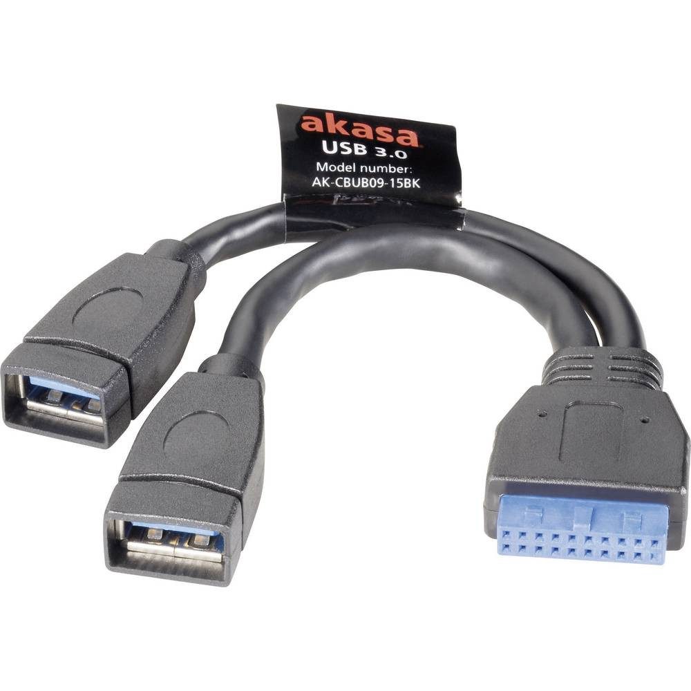 Akasa USB 3 Adapterkabel 19pol. auf 2x USB A-Buchse 15 cm AK-CBUB09-15BK USB-Kabel, (15.00 cm), vergoldete Steckkontakte, UL-zertifiziert