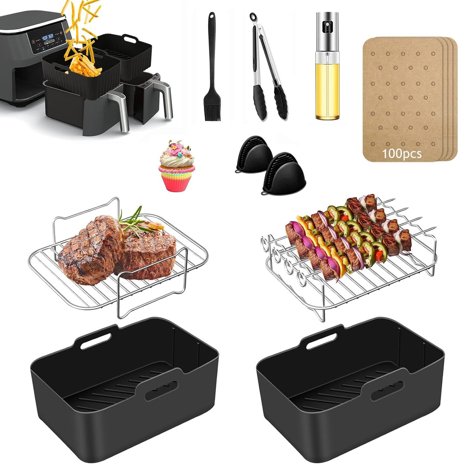 BlingBin Küchenmaschinen Zubehör-Set 22 Stück Heißluftfritteuse Zubehör für Ninja Foodi Max Dual Zone, Zubehör für Heißluftfritteusen Ninja Foodi Dual Zone AF300EU AF400EU SL400EU Double Stack XL Innsky COSORI und 7,6L-9,5L Dual Zone Heißluftfritteuse, fü
