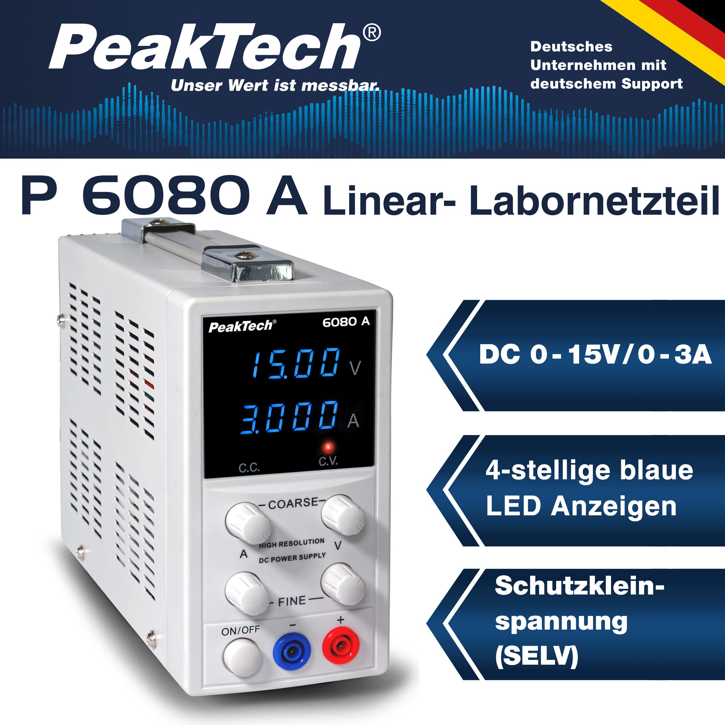 PeakTech 15 V 3 A 1 mA Labornetzteil 0–15 V/0–3 A, LED, 1 mA/10 Labor-Netzteil