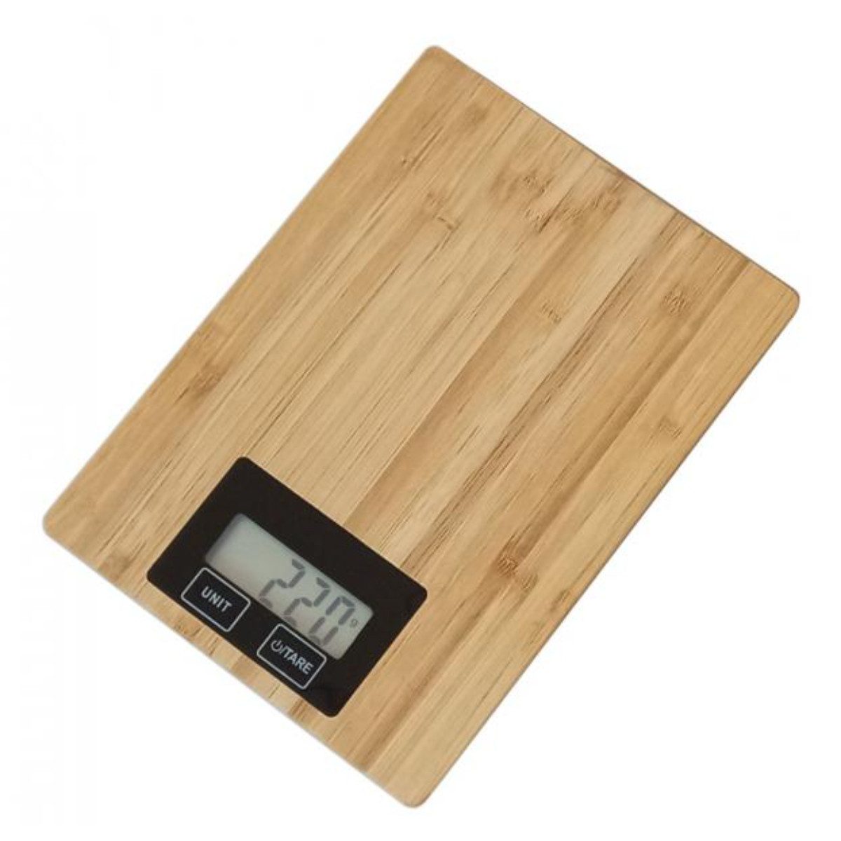 Omega Küchenwaage OBKSB, (Einzelartikel, Küchenwaage mit 2 AAA-Batterien), 5 kg Tragkraft, 1-g-Teilung, Tara, LCD, Bambus-Wiegefläche