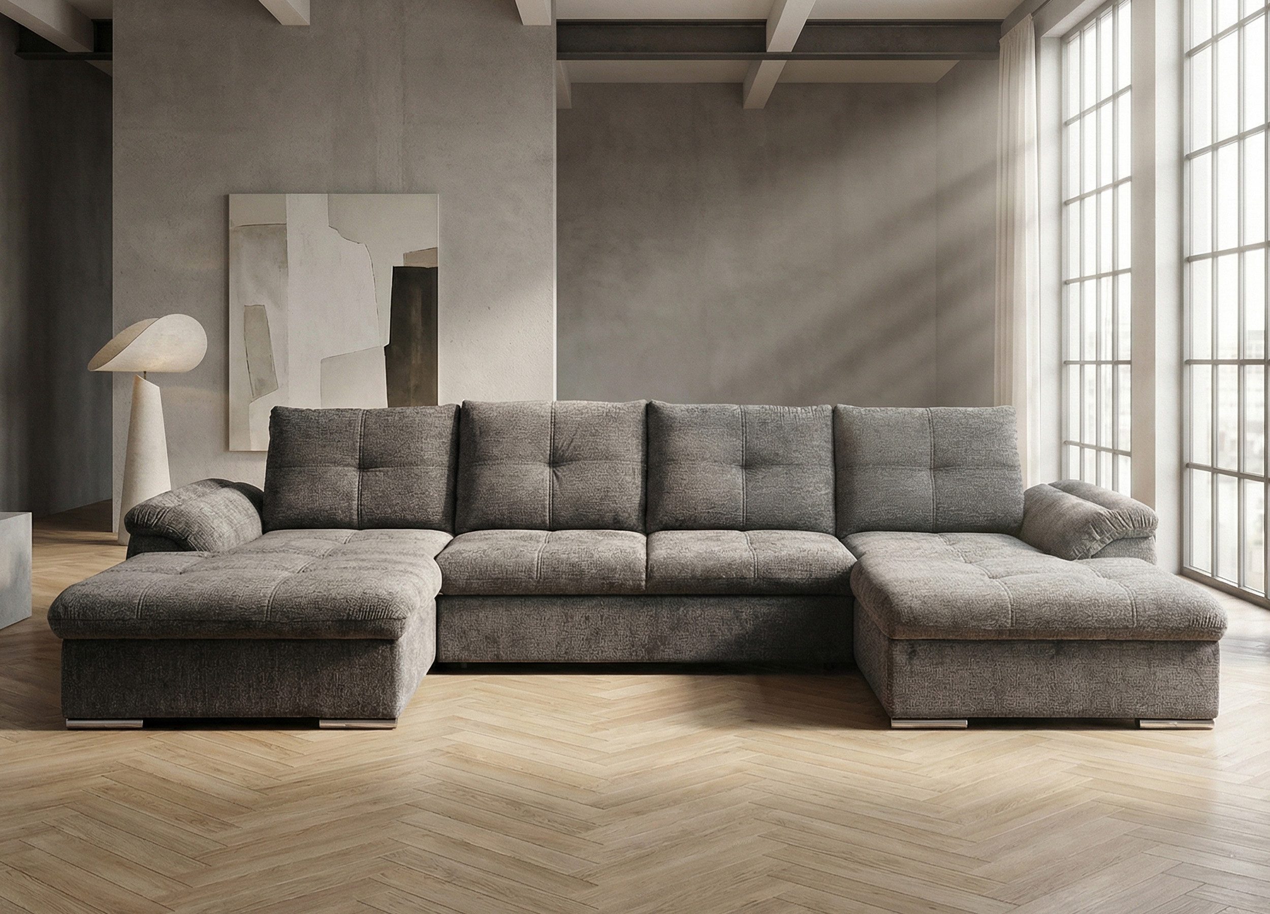 Massivart® Wohnlandschaft Chenille Bezug grau 339 cm / Schlaffunktion & Bettfunktion / ELBA, frei im Raum stellbar · inkl. 2 Kopfstützen