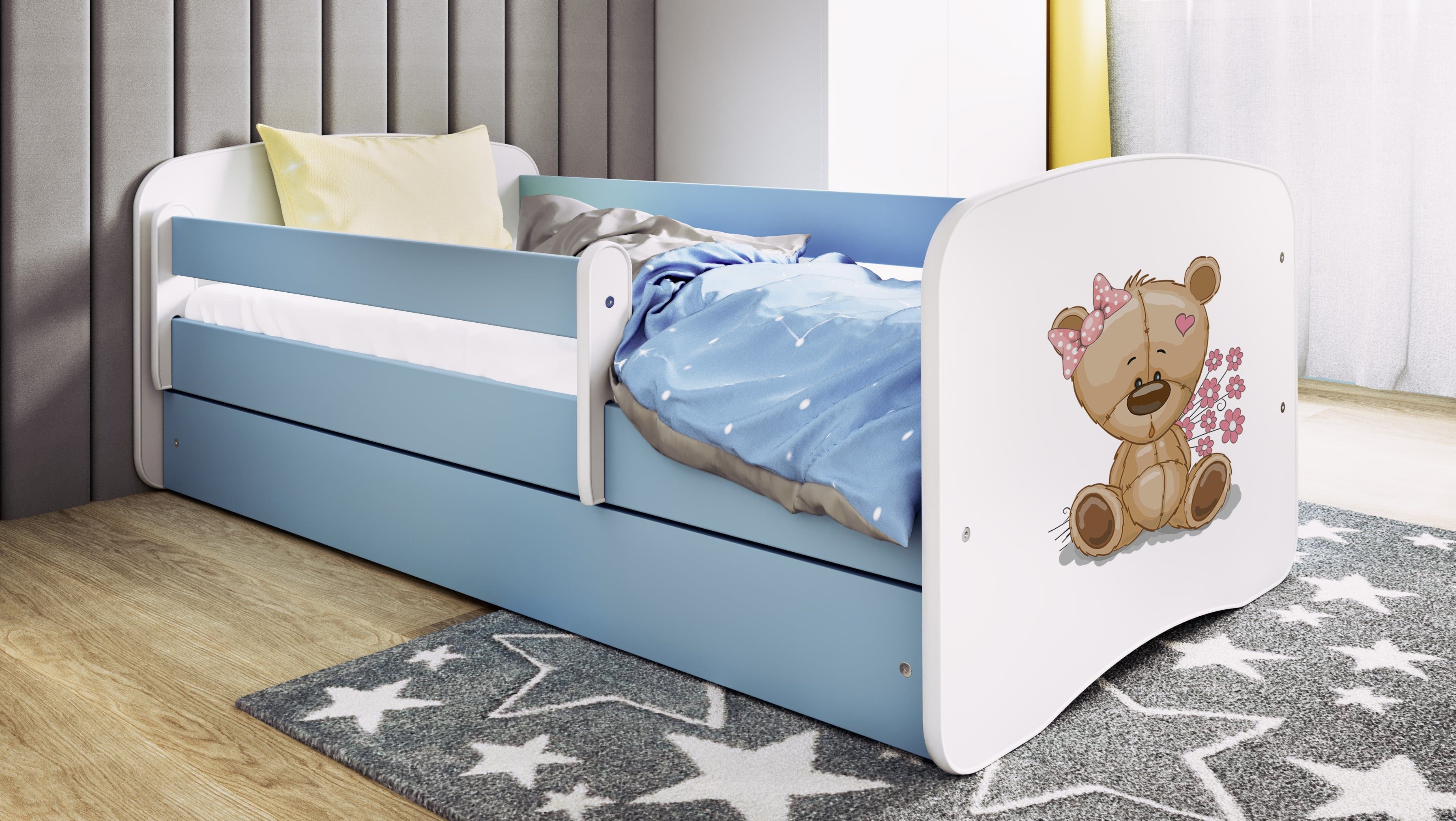 Raumhirsch Furniture Kinderbett 70x140, 80x160, 80x180 cm - Komplettset mit Matratze & Schublade (Bett für Mädchen, Einzelbett Kinder 2–12, mit Rausfallschutz & Lattenrost), verschiedene Farben & Designs
