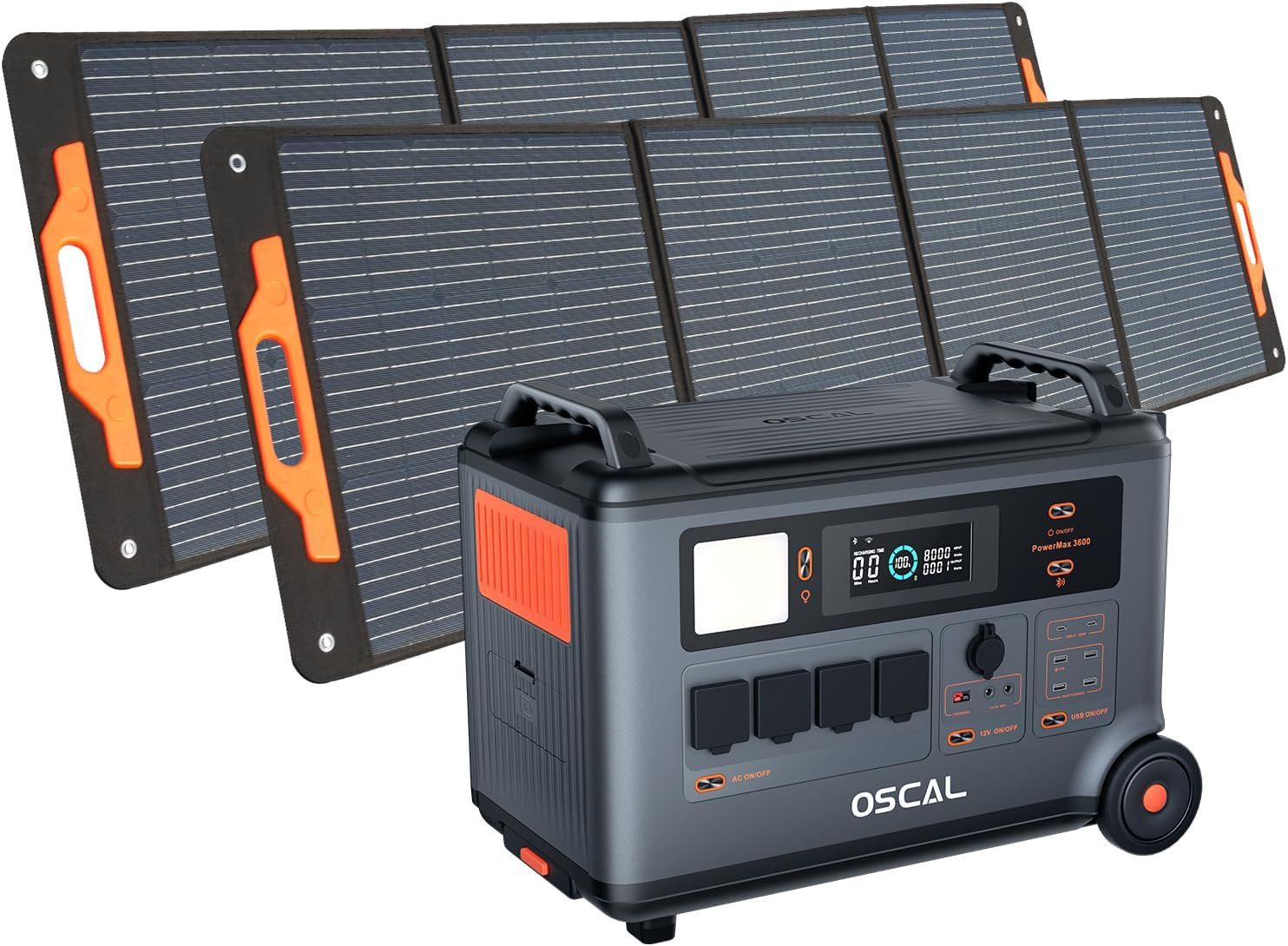 OSCAL Stromerzeuger Tragbare Powerstation, 3600W Dauerleistung (7200W Spitze),3600Wh Akku, 7,2 in kW, (1-tlg., Powerstation), Mit 2*200w Solarpanel Solargenerator für Camping,Wohnmobile & Notfälle