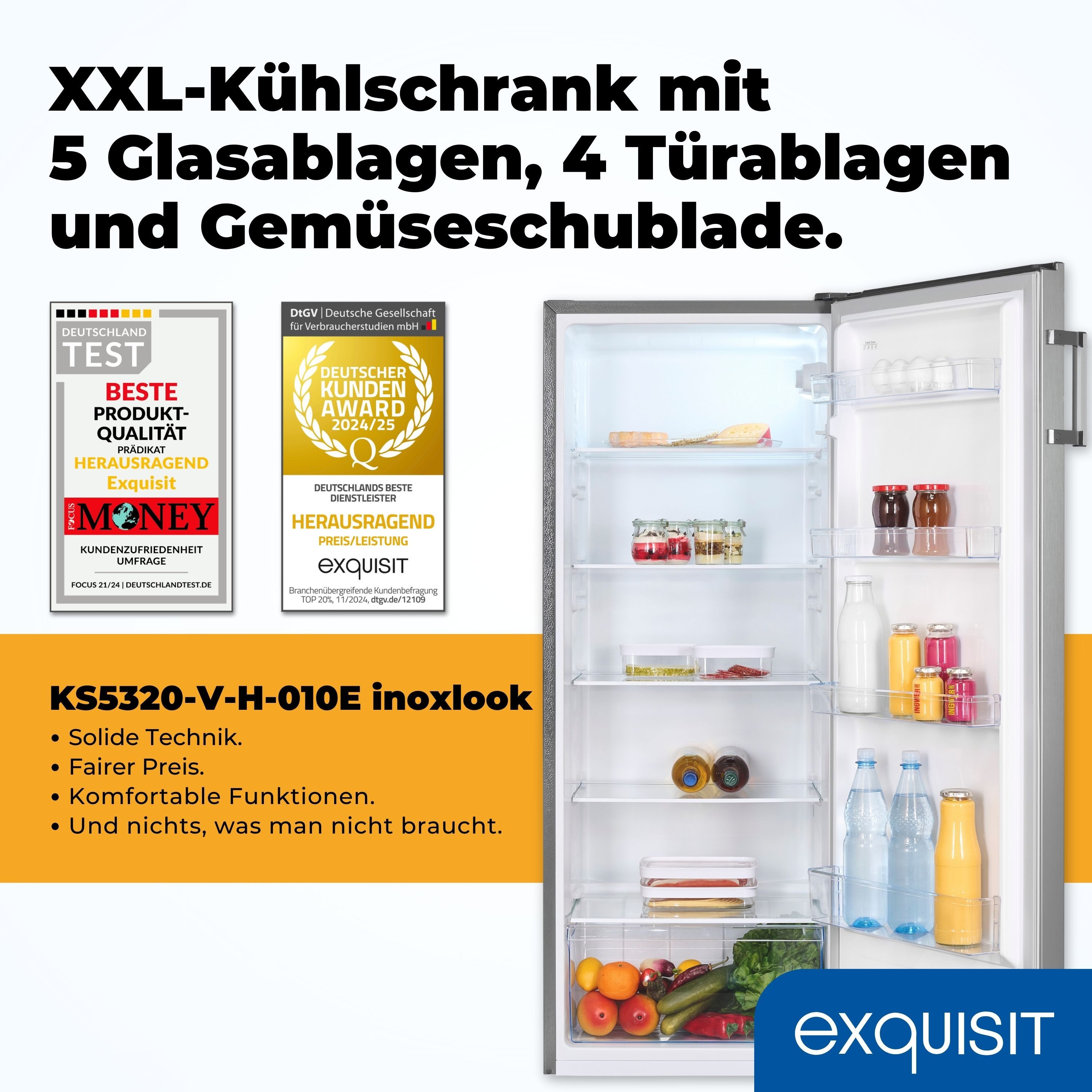 exquisit Vollraumkühlschrank KS5320-V-H-010E, 143.4 cm hoch, 55 cm breit, Türanschlag wechselbar, LED-Innenbeleuchtung