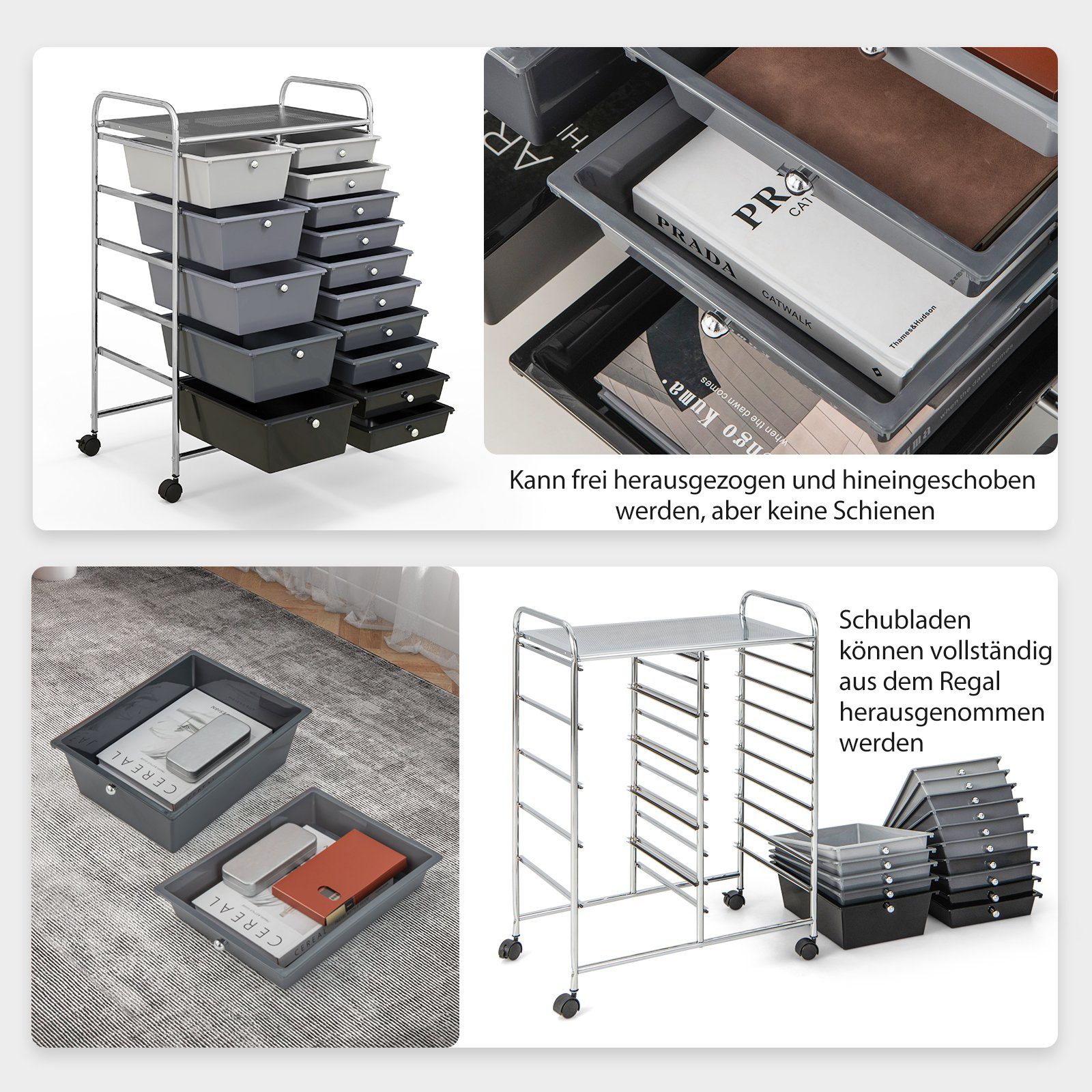 COSTWAY Rollcontainer, Metallgestell, 15 Bremsen mit schwarz Schubladen, stapelbare