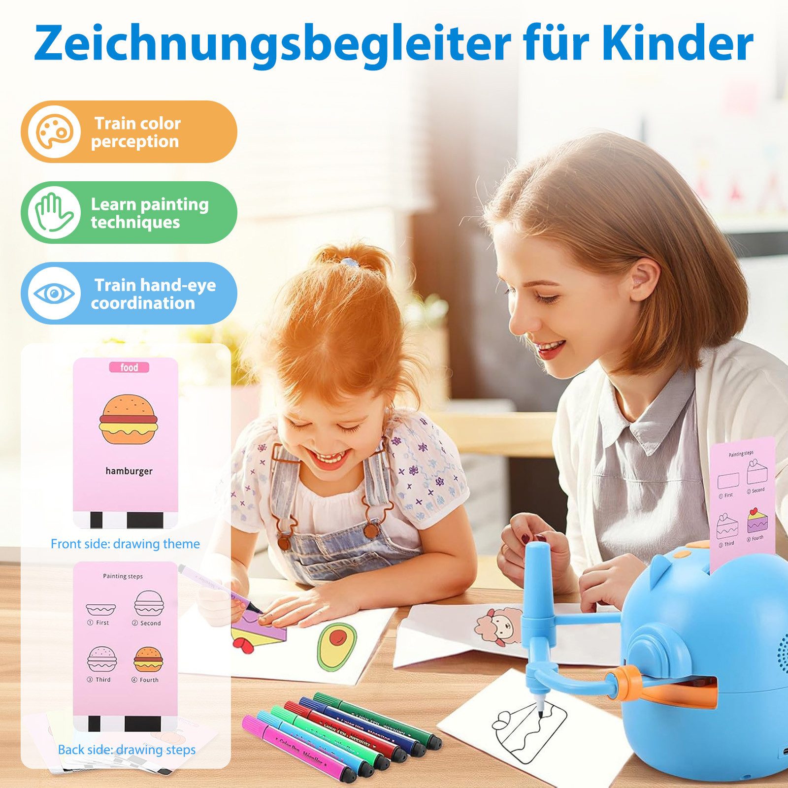 AKKEE Lernspielzeug Malroboter für Kinder, Zeichenroboter Kinder mit Stift & 100 Karten, Drawing Robot für ab 3 4 5 6 7 8 Jahre – Bild 4 von 5