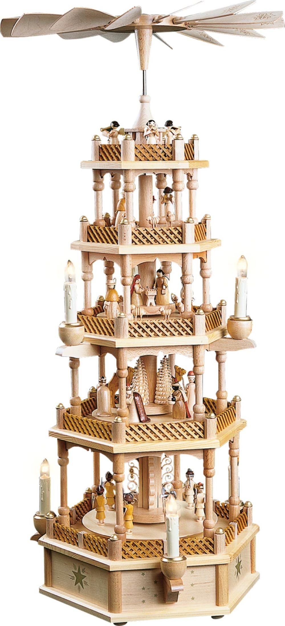 Richard Glaesser Weihnachtspyramide Pyramide Heilige Familie natur 4-stöckig, elektrisch, Höhe ca. 75 cm, Handwerkskunst aus dem Erzgebirge