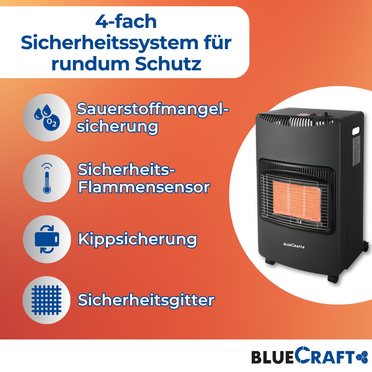 BlueCraft Heizstrahler PREMIUM Gasheizung Gasofen 4200 W Campingheizung Gas-Heizstrahler, 4200 W, 3-Stufen-Regulierung, Kompakt, Mobil, Mit Gasdruckregler + Schlauch