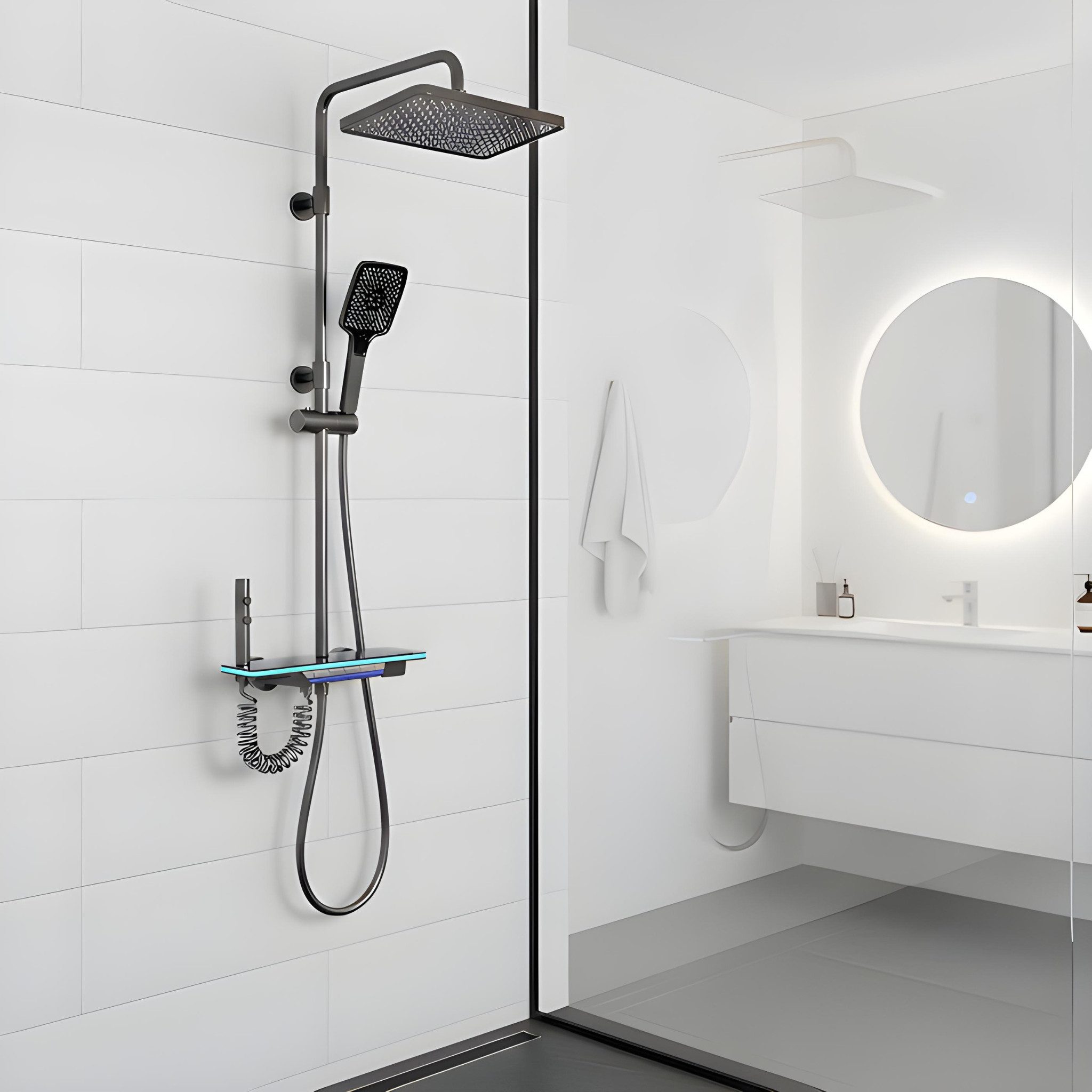 LuxaSteel Duscharmatur Duschsystem Regendusche mit Thermostat (Komplettset) smarte Regendusche mit Wasserfall, LED-Beleuchtung & LED-Display