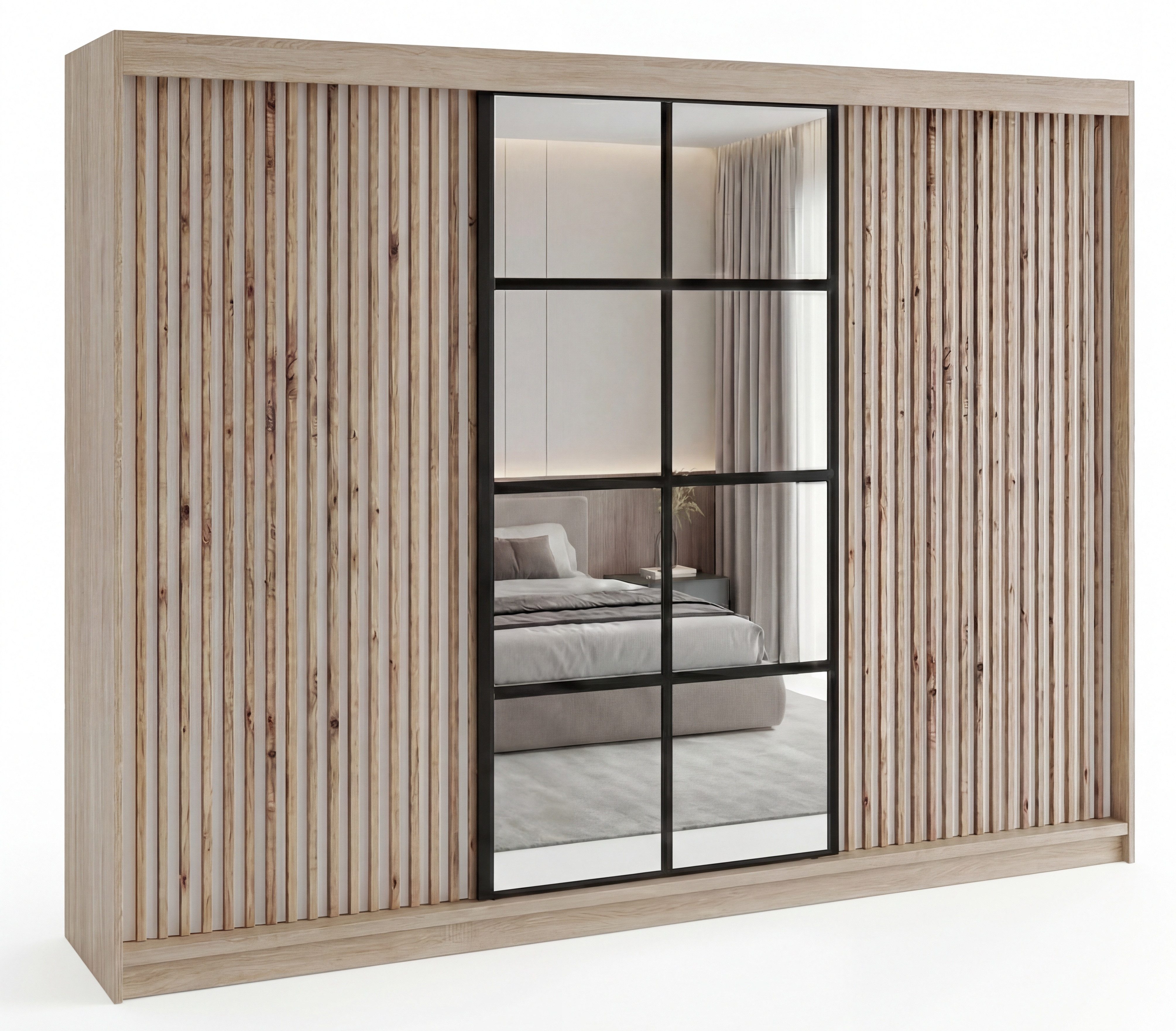 A&J MöbelLand GmbH Schiebetürenschrank NORIVO 200 cm mit 4 Schubladen, und 3D Lamellen (TOP ANGEBOT! Geräumiger Schrank mit einer Breite von 200 cm ideal zur Aufbewahrung von Kleidung und Accessoires. 4 Schubladen und viel Stauraum. TOP PRODUKT! Wählen Sie das ideale Modell für Ihr Schlafzimmer!, Inclusive 4 Schubladen)