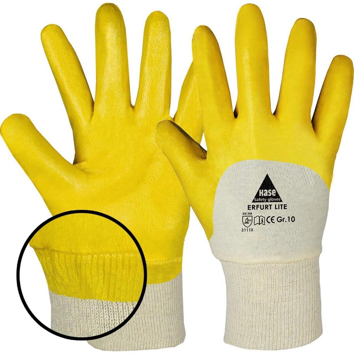 Hase Safety Gloves Arbeitshandschuh-Set 901400 Erfurt lite 3/4 Nitrilhandschuh ölbeständig gelb (Packung, 12-St., VPE= 12-144 Paar, Gr 8-11) Atmungsaktiv/Gartenhandschuh