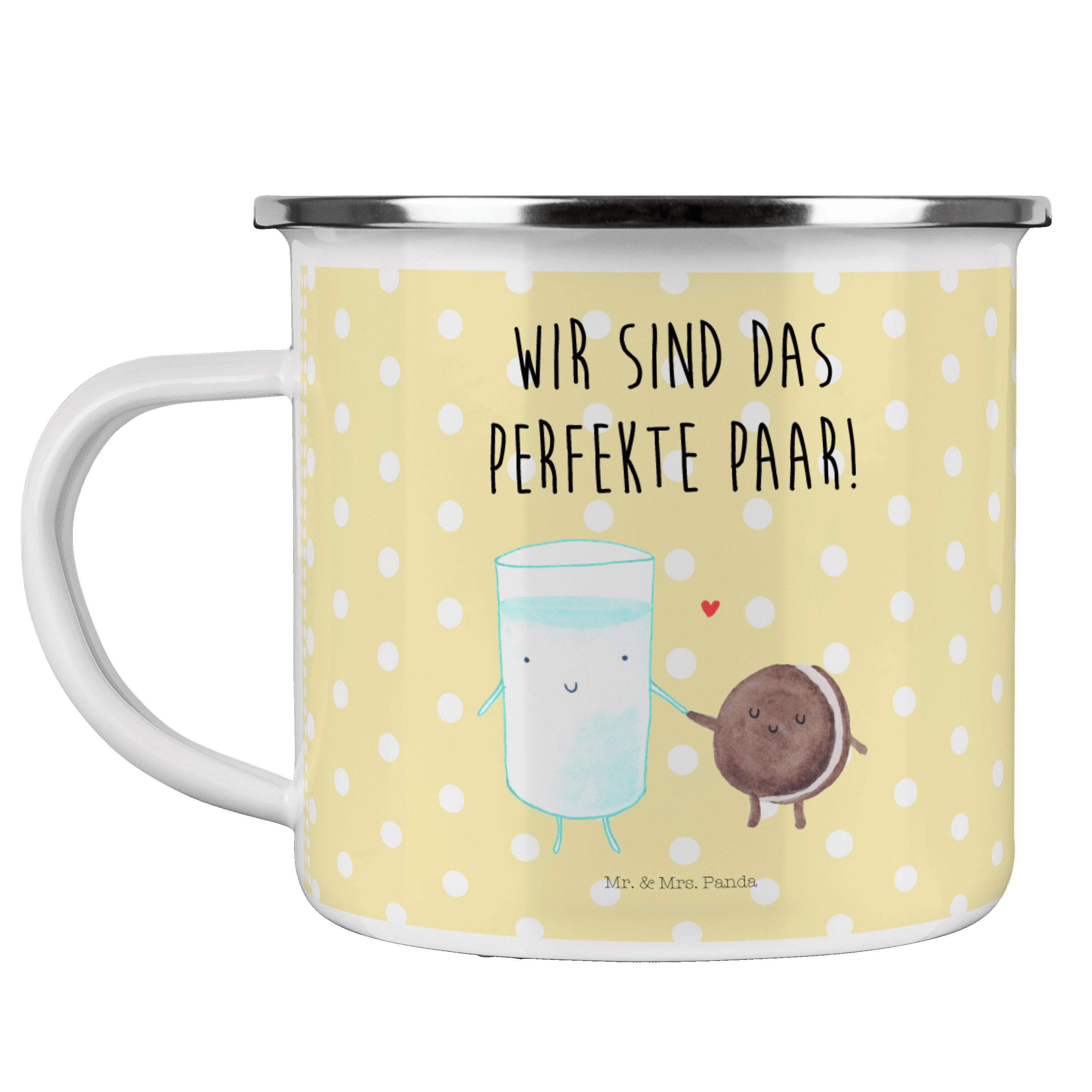 Mr. & Mrs. Panda Becher Milch & Keks - Gelb Pastell - Geschenk, Outdoor Tasse, Kaffee Blechta, Emaille