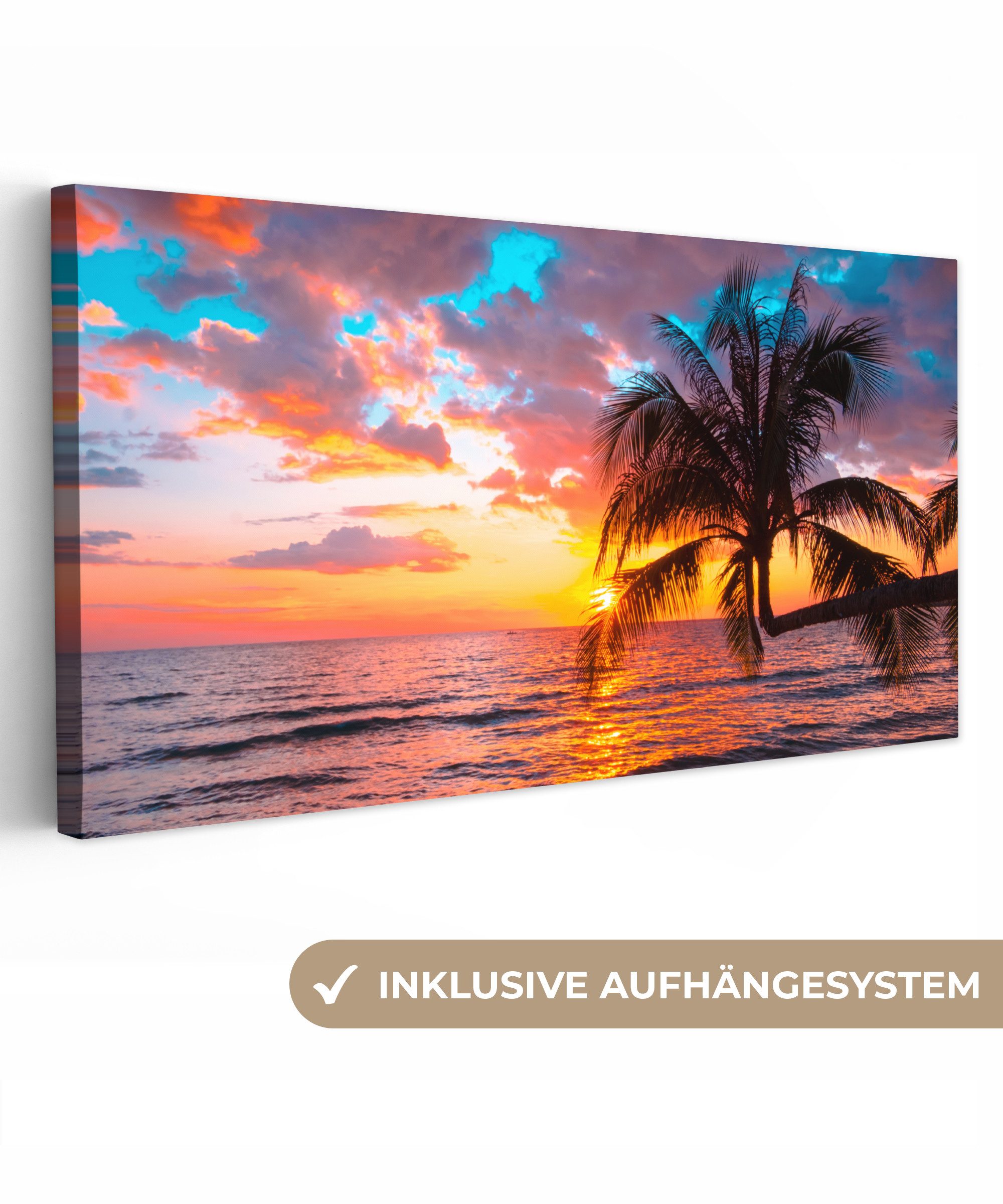 OneMillionCanvasses® Leinwandbild Panorama Palme - Sonnenuntergang günstig online kaufen