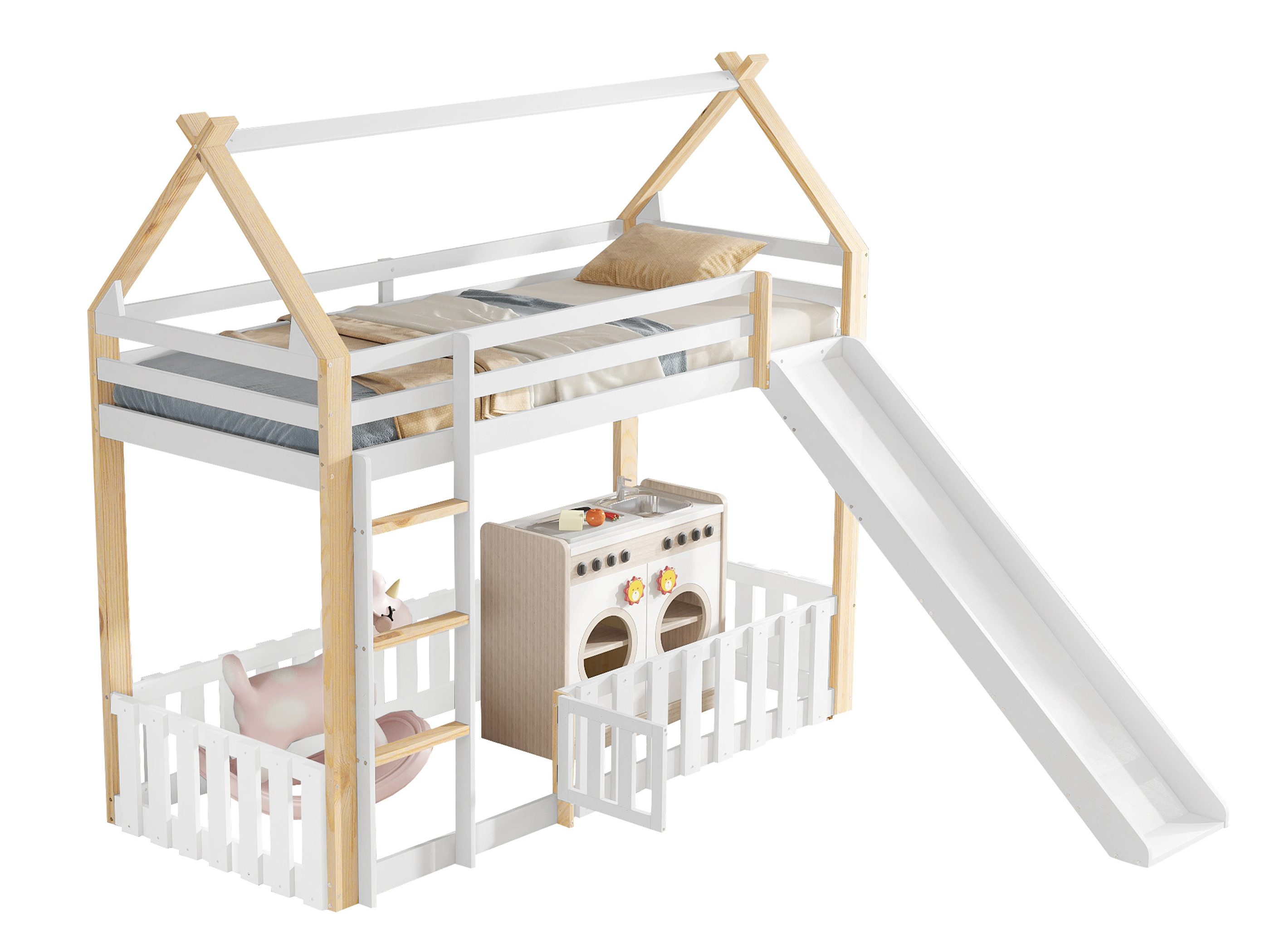 SeedWave Hochbett Hausförmiges Kinderbett mit Lustiger Rutsche, flexibler Raum, 90x200cm Holzbett beinhaltet dreistufige Leiter, Schutzgeländern