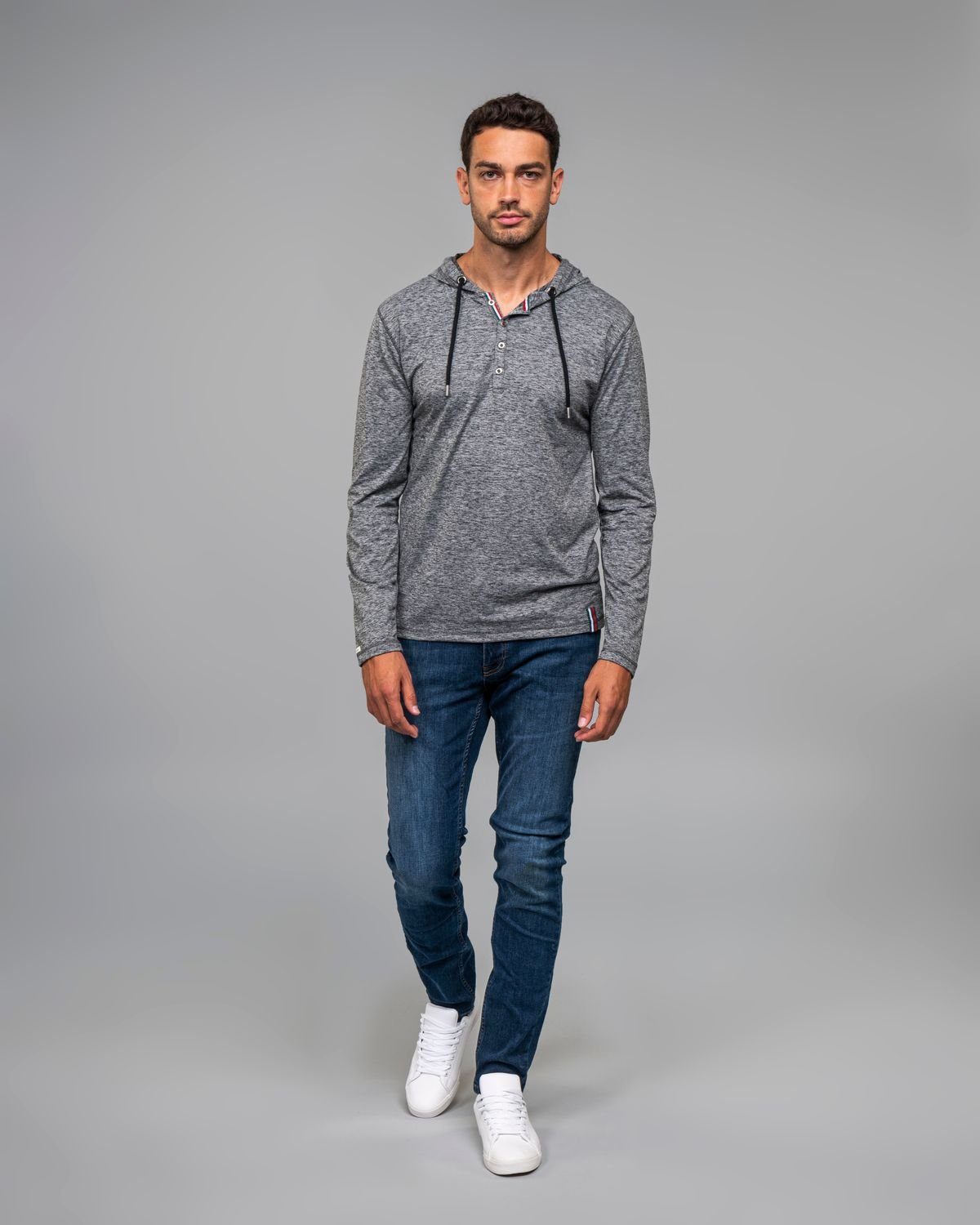 langarm anthra Herren Knopfleiste Henleyshirt Kapuze meliert mit hoody fit Sweatshirt mit für Key Jesse Longsleeve slim Largo MLS00058