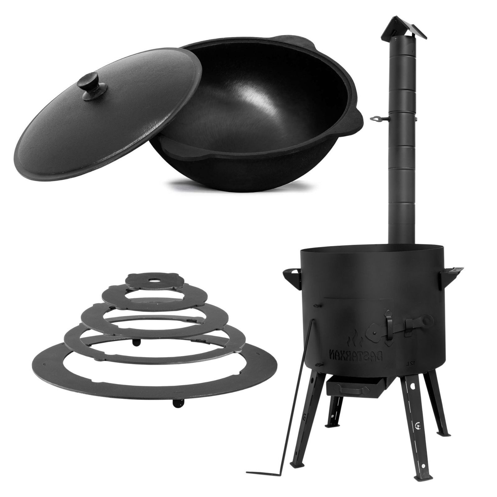 BIG-PAN Feuerstelle 49cm Uchag 2 mm Stahl Abzugsrohr Adapter-Ringe 22L Kazan Gusseisen