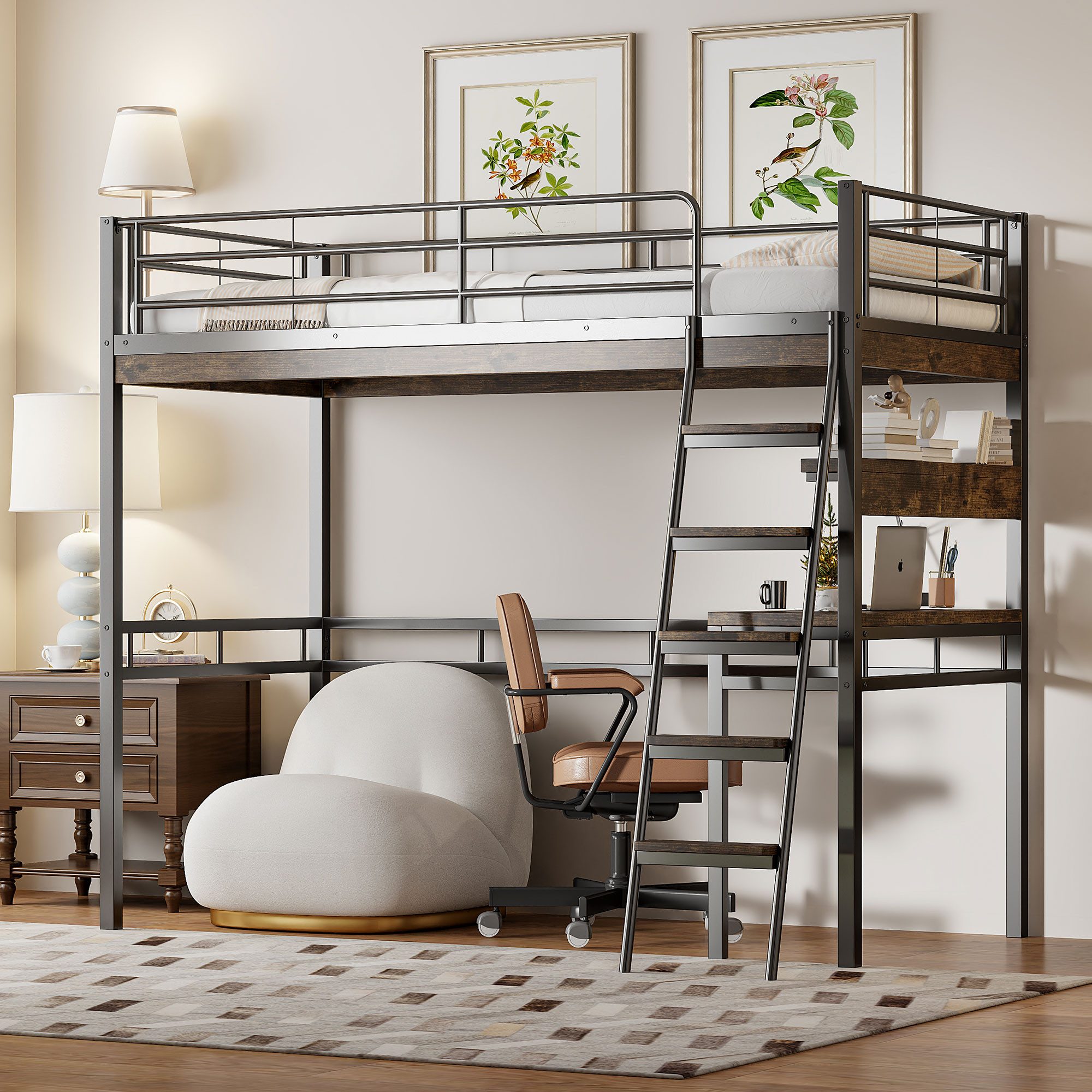 STILVORA Hochbett erwachsene 90×200 mit Schreibtisch,Jugendbett mit Regale,ohne matratze (mit Schreibtisch, Regalen und Geländer – Stabiler Eisenrahmen für Kinder und Jugendliche, Platzsparend und Sicher 90x200 cm) Ohne Matratze