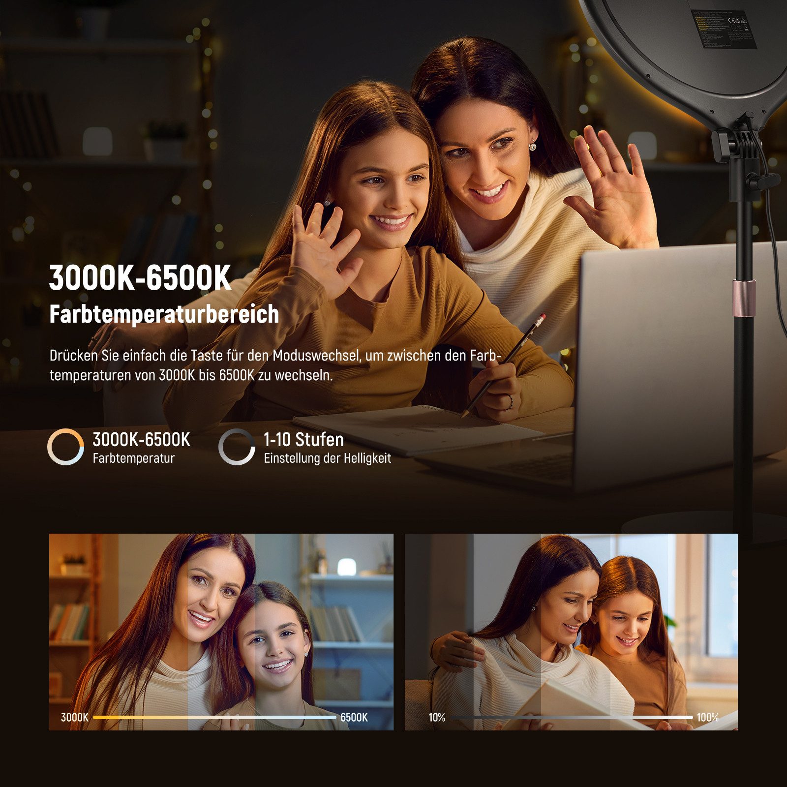 Neewer Ringlicht R10 10,5" Schreibtisch-Ringleuchte, 15W dimmbar, mit Telefonhalter, mit Ständer/Timer, für iPhone Streaming Laptop Webcam Video Konferenz