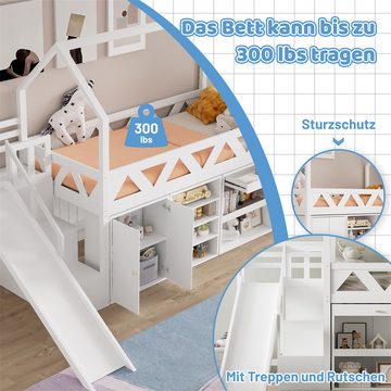 Sweiko Einzelbett Kinderbett, multifunktionales Kinderbett (mit Rutsche und Treppen, mit Schubladen und Schließfach), 90*200 cm,Massivholz,Weiß (ohne Matratze)